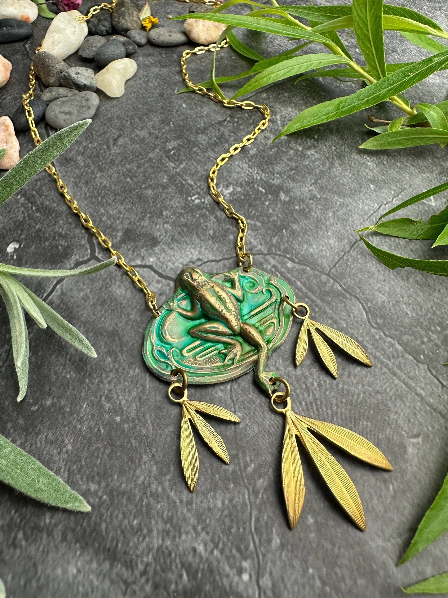 Frog Necklace, Verdigris Brass Pendant, Nature Botanical Sta