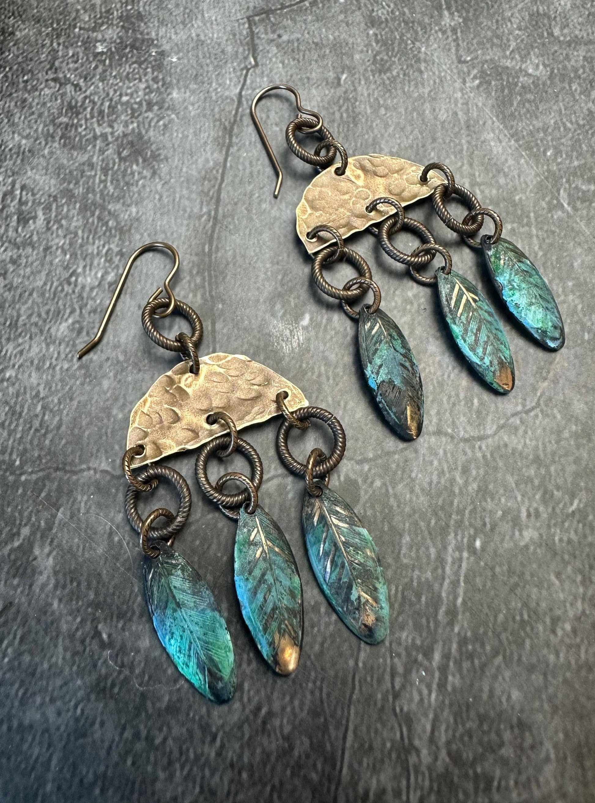 Lotus Petal Earrings - Handmade Beaten Brass Green Patina