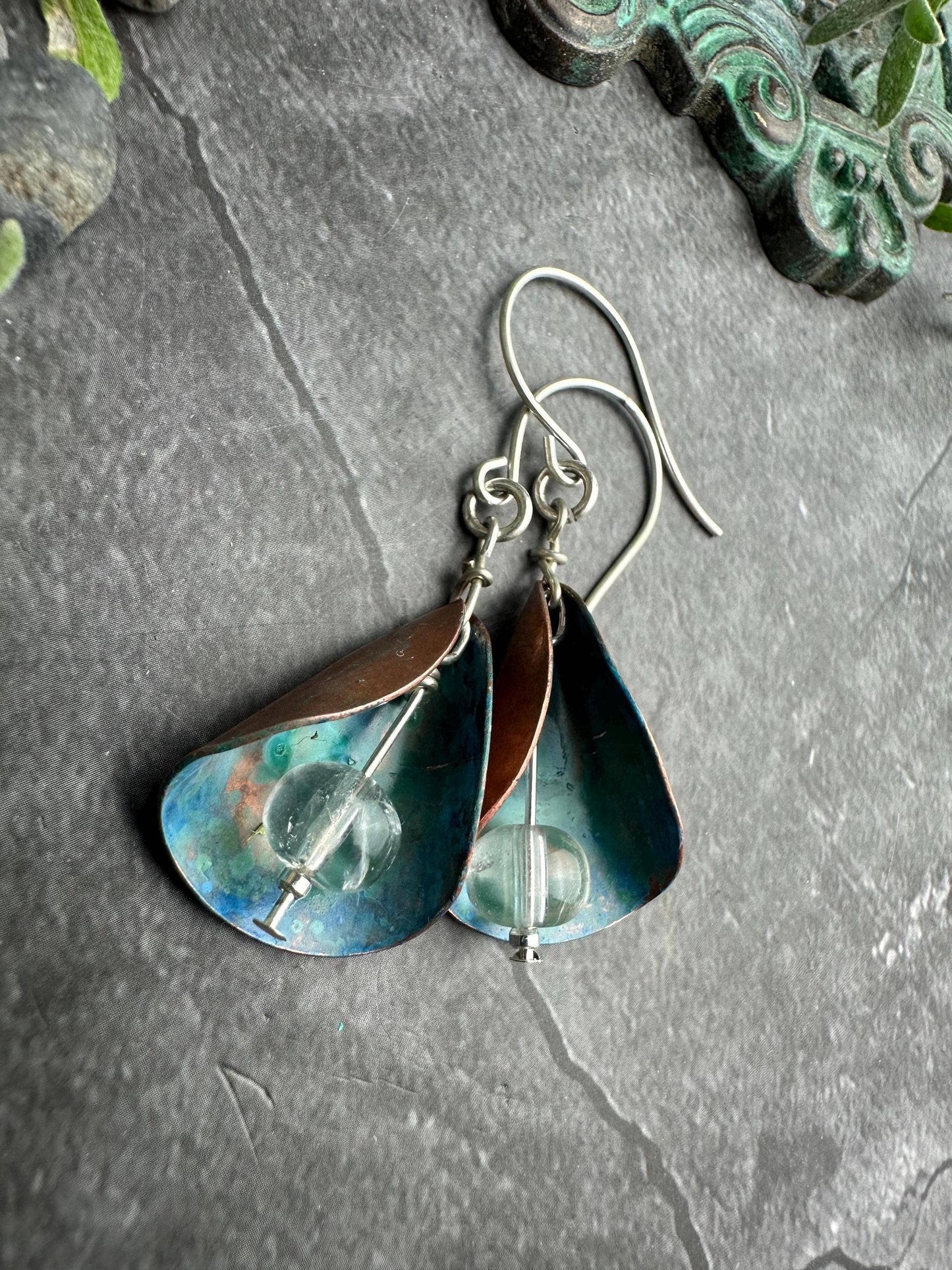 Patina Copper Lily Earrings - Crystal Quartz Bead Dangles