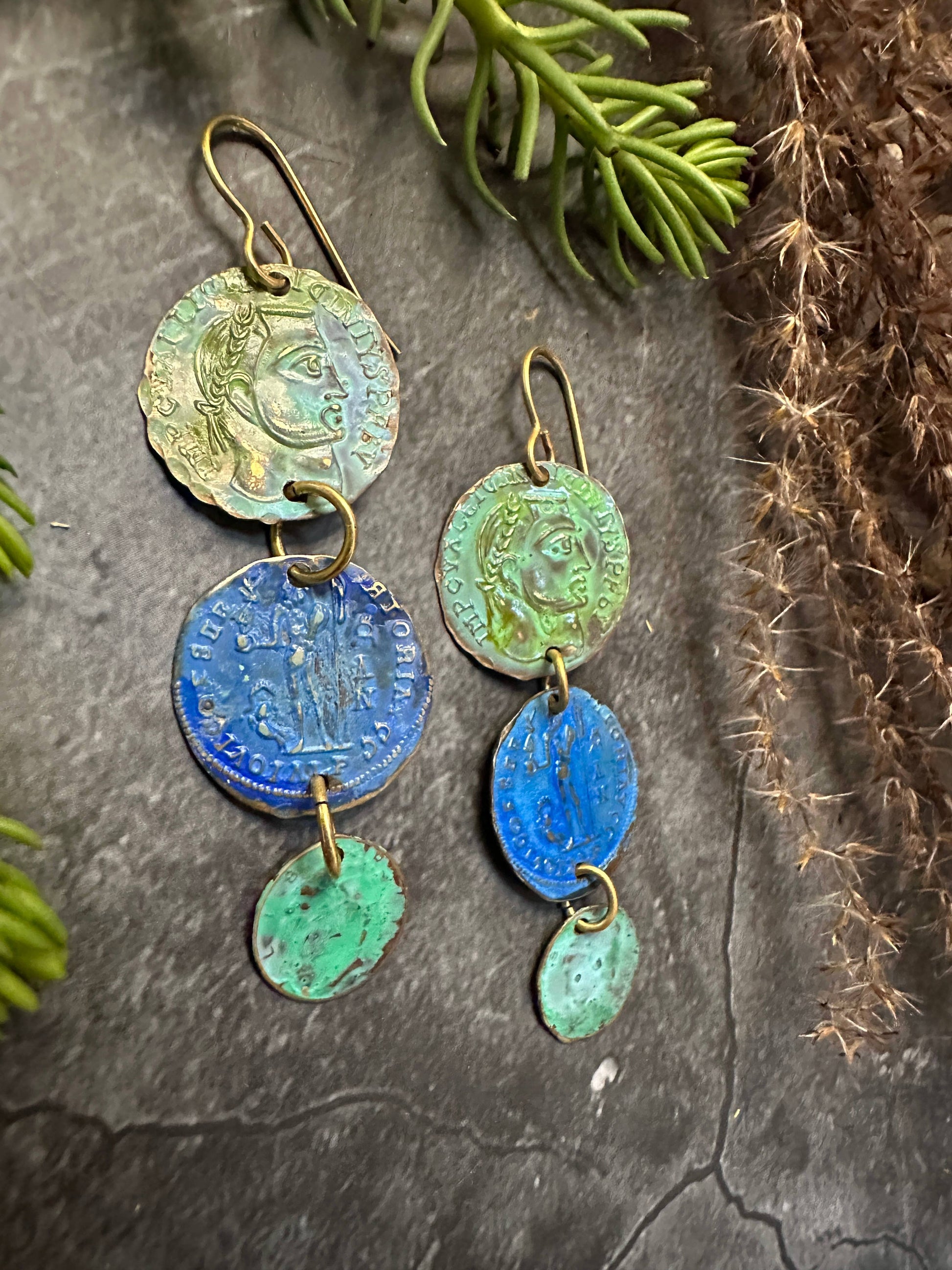 Ancient Coin Earrings- Patina Handmade Solid Beaten Brass