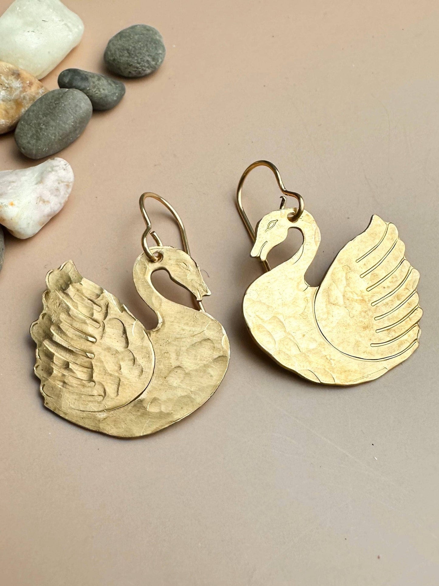 Signet Swan Earrings - Beaten Solid Brass