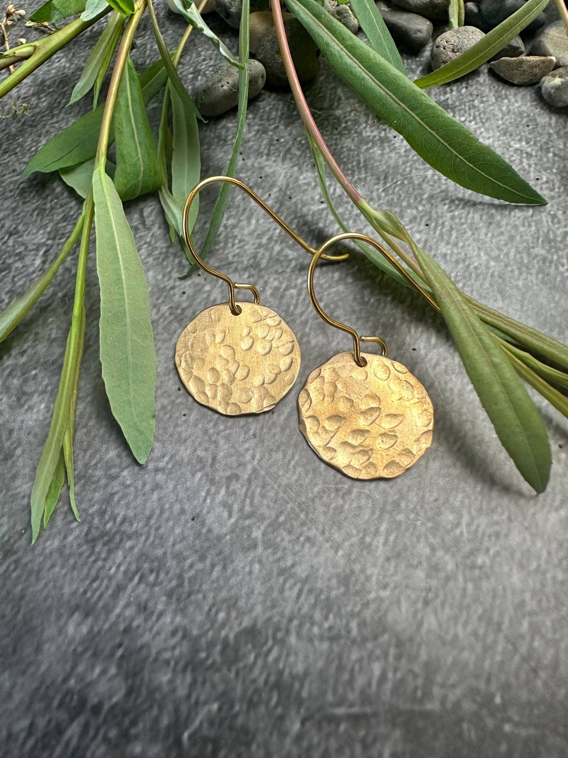 Gilded Pool Iridescent Earrings- Hand Beaten Brass Resin