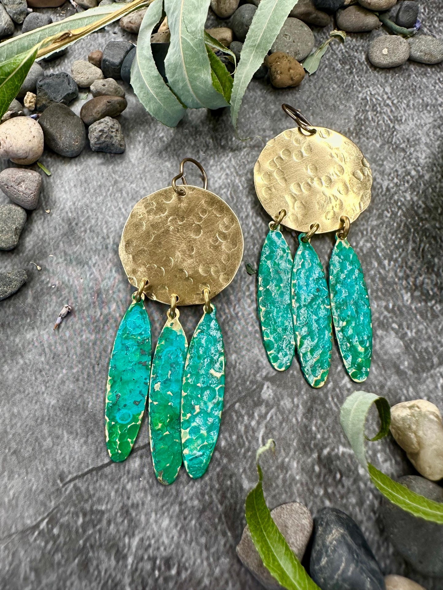 Rain Goddess Earrings - Handmade Solid Beaten Brass Hand Patina