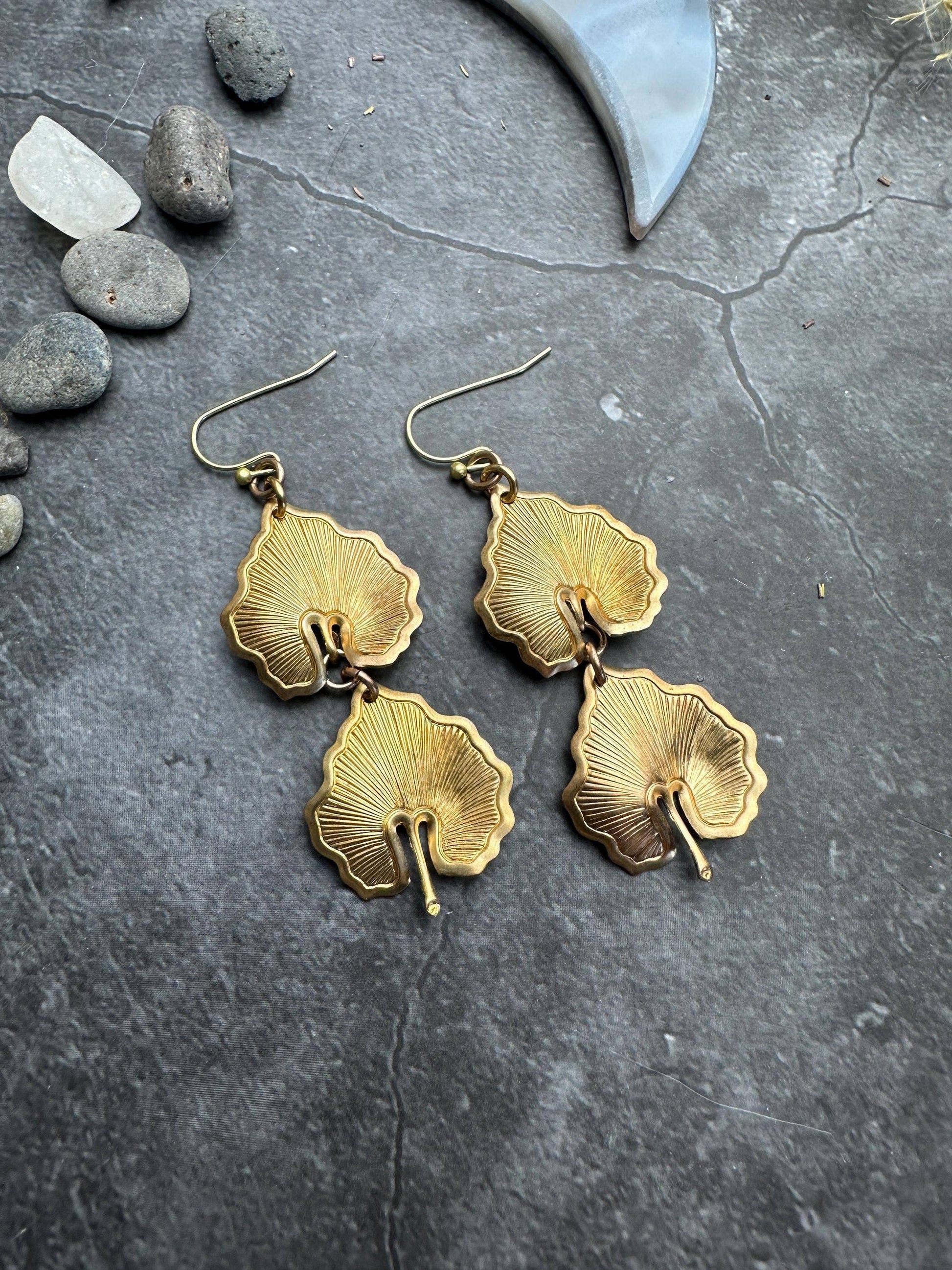 Botanical Leaf Earrings - Vintage Tooled Solid Brass