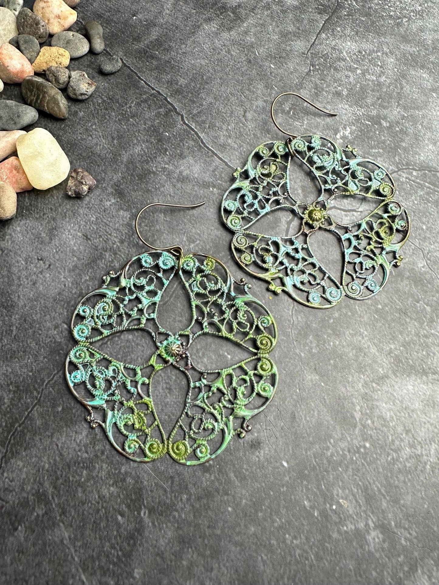 Oversized Filigree Statement Earrings - Patina Brass