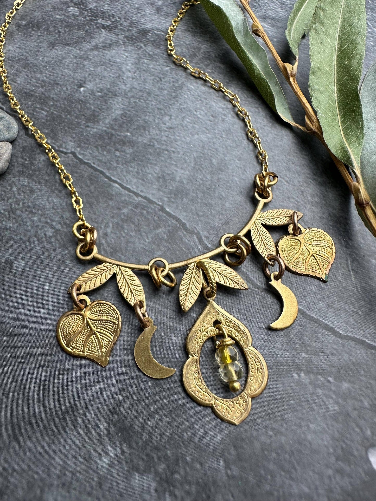Brass & Citrine Charm Cluster Necklace