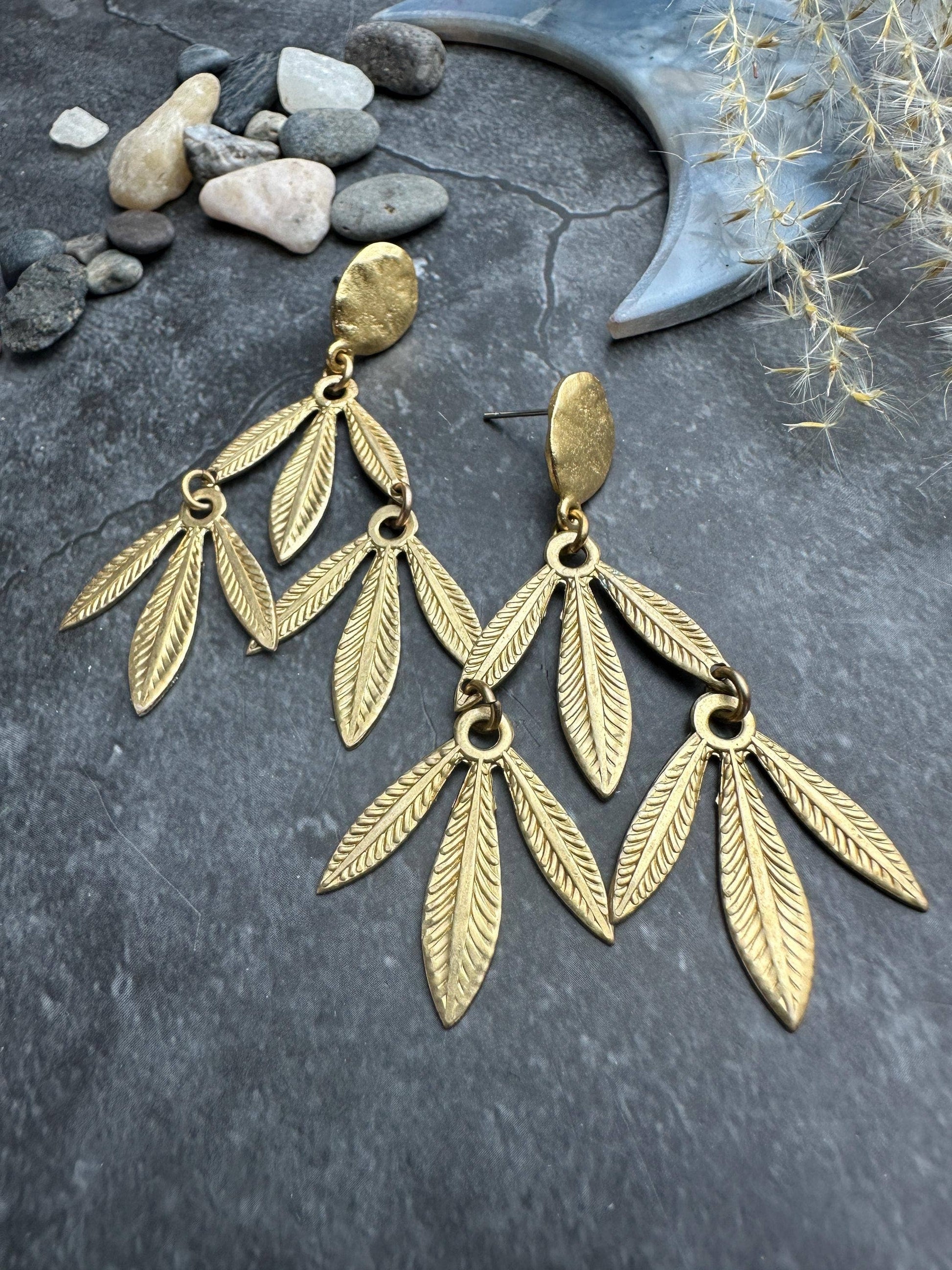 Palm leaf Post Dangle Earrings- Handmade Beaten Solid Brass