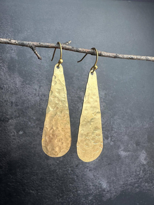 Long Hammered Brass Teardrop Earrings