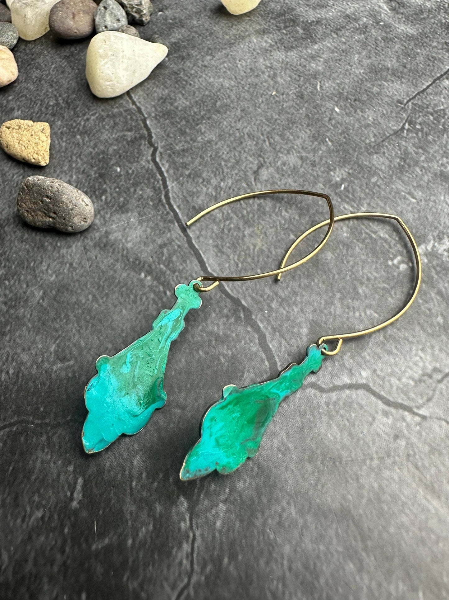 Rustic Silhouette Drop Earrings - Beaten Brass Green Patina