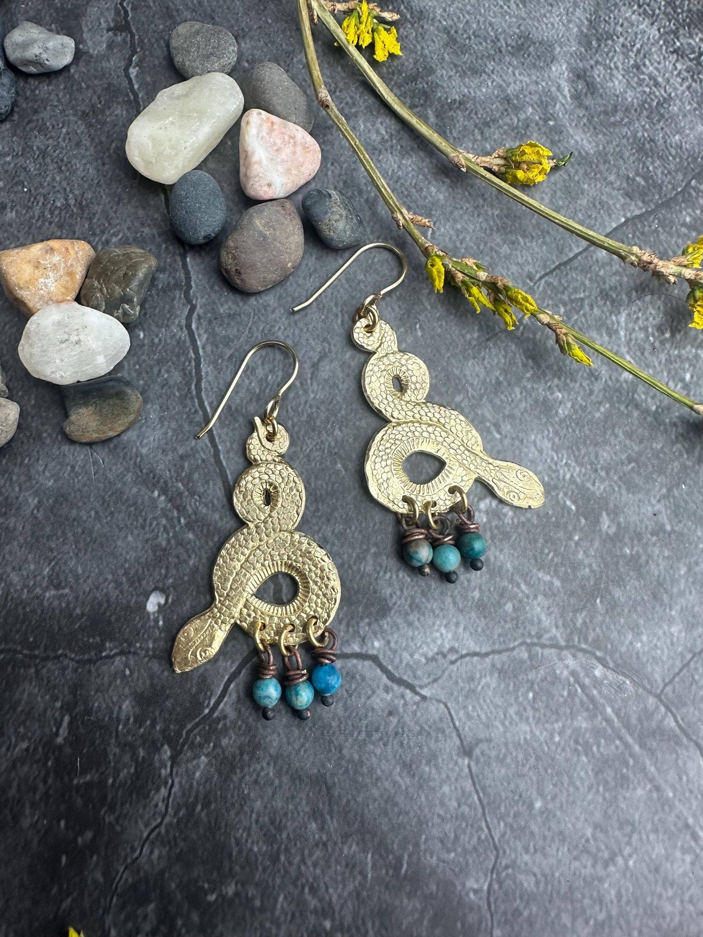 Snake Dangle Earrings - Brass Serpent with Blue Agate Drops