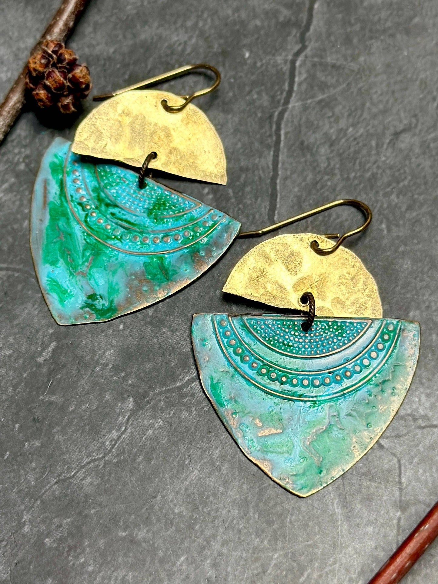 Geometric Hammered Brass Earrings - Patina Art Deco Inspired