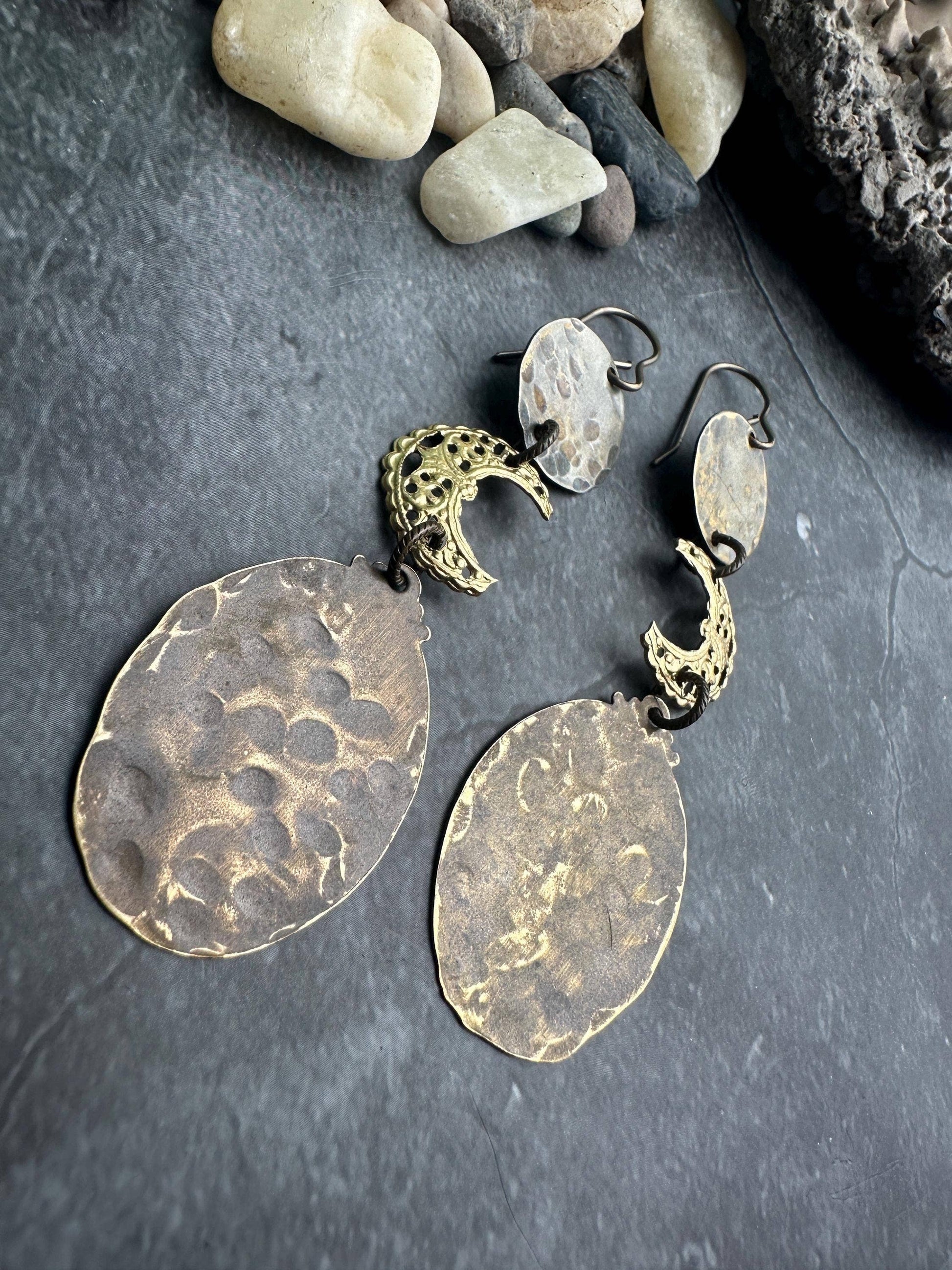 Handcrafted Brass Crescent Moon Drop Filigree Earrings