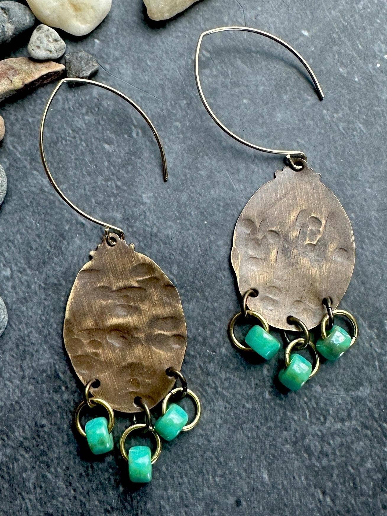 Brass & Green Czech Glass Earrings - Boho Dangle Jewelry