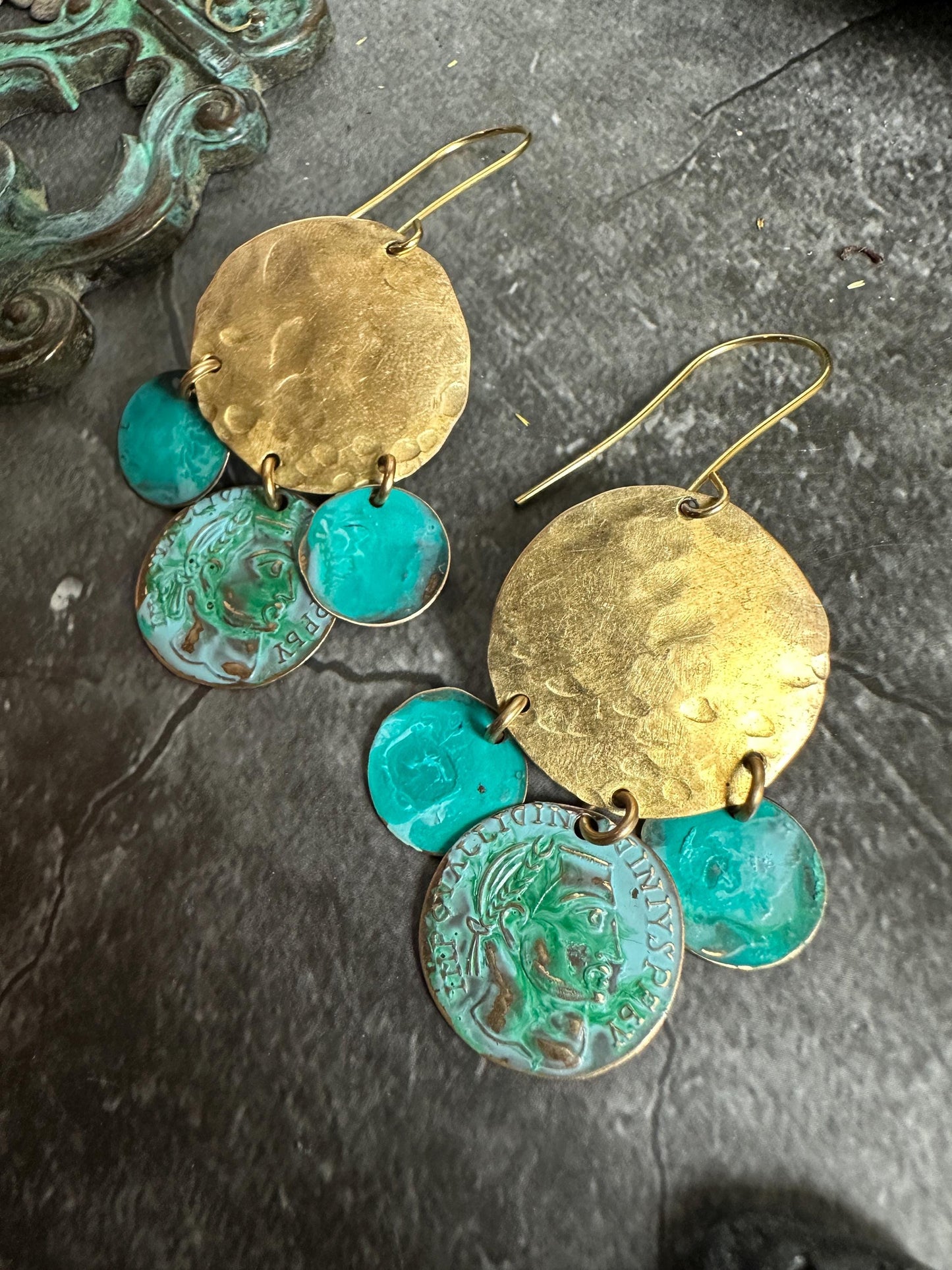 Hammered Coin Earrings- Handmade Solid Beaten Brass Green Blue Patina