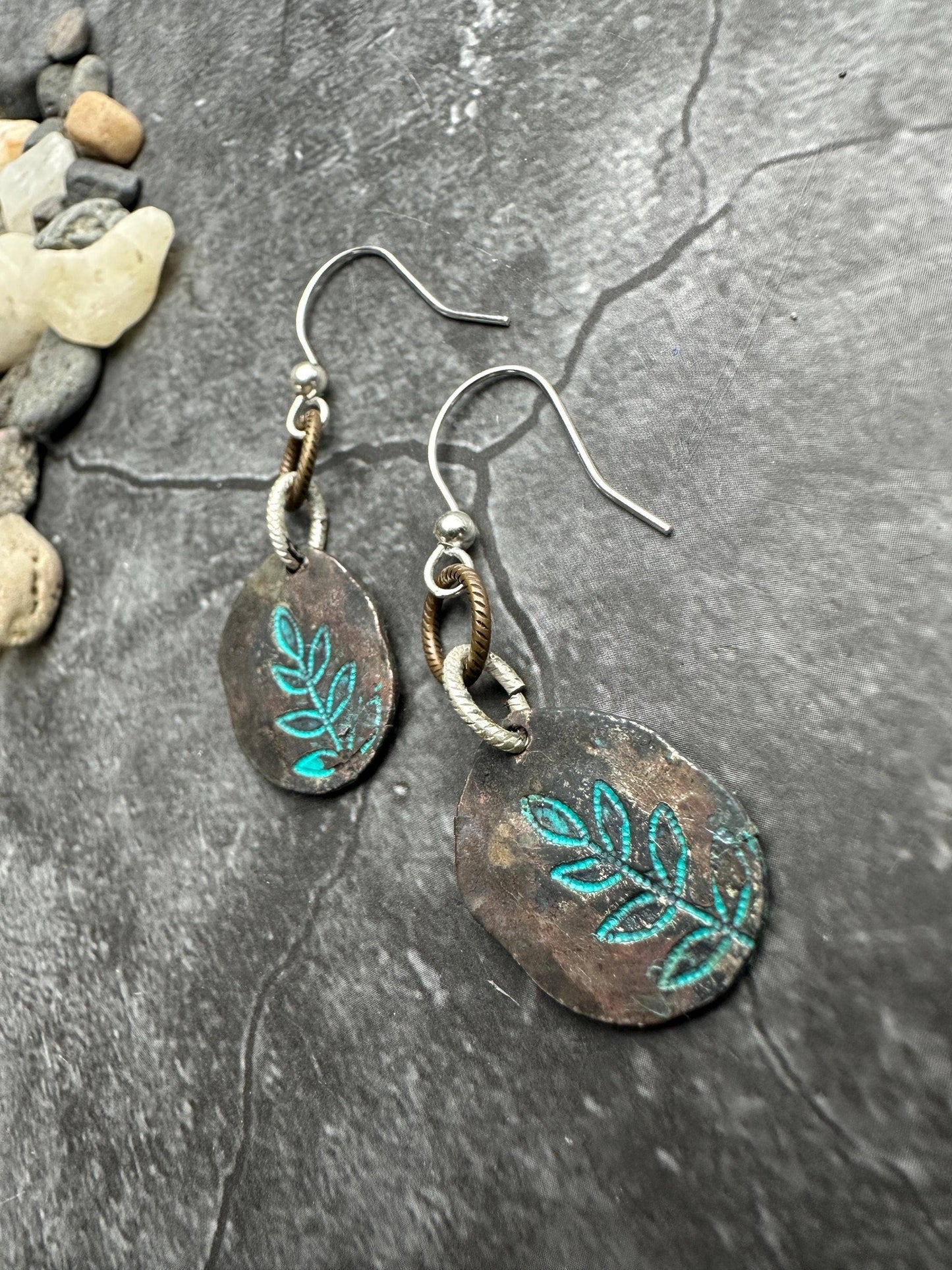 Imprinted Leaf Hammered Silver OX Patina Organic Shape Ea...