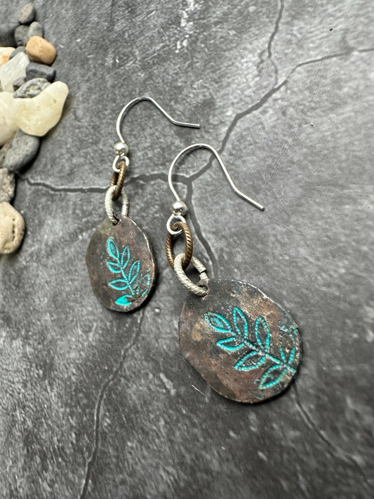 Imprinted Leaf Hammered Silver OX Patina Organic Shape Ea...