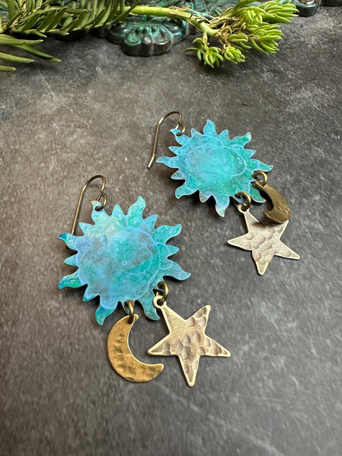 Celestial Sun Moon & Stars Earrings - Handmade Solid Beaten Brass Hand Patina