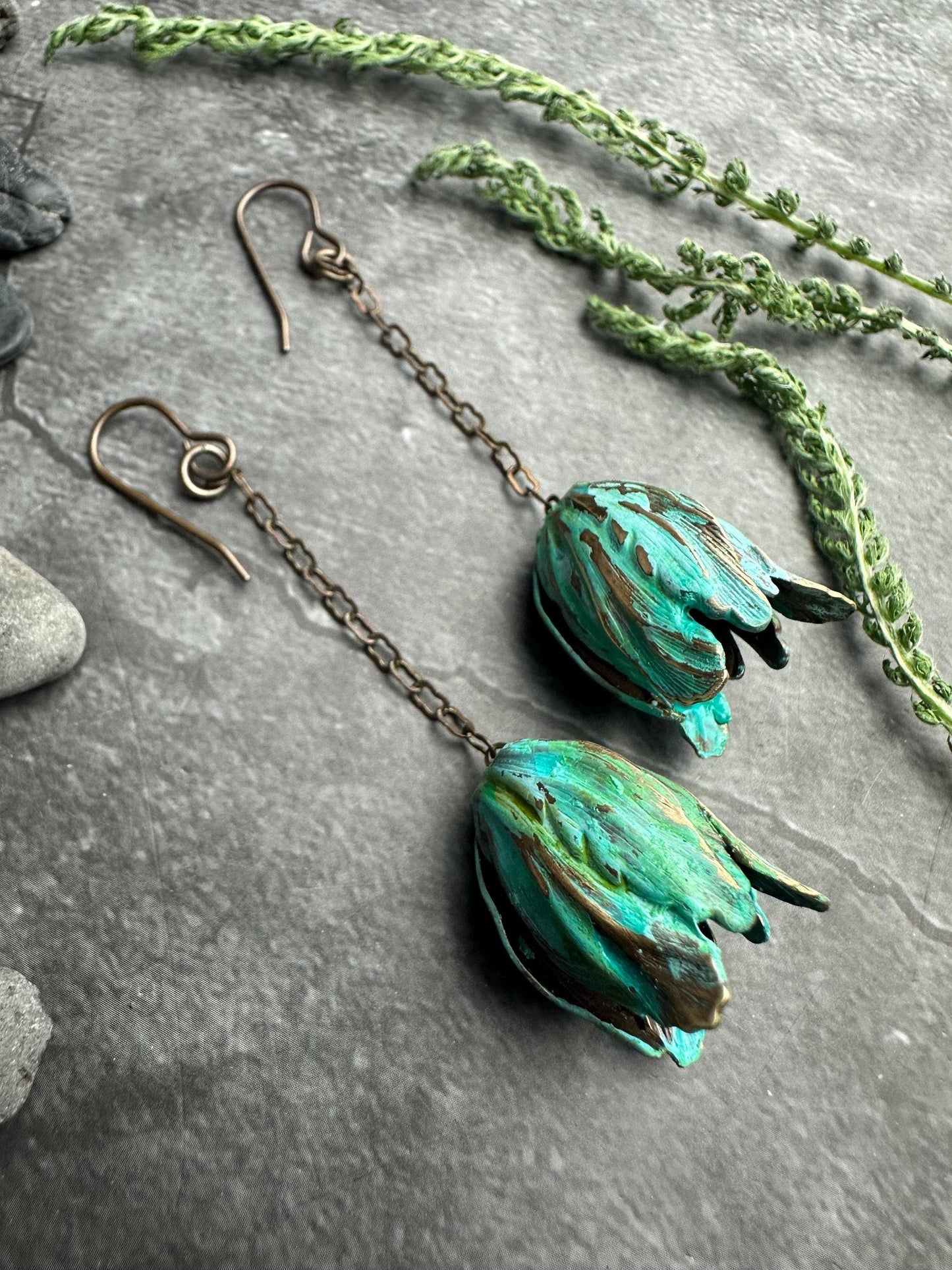 Verdigris Flower Drop Earrings