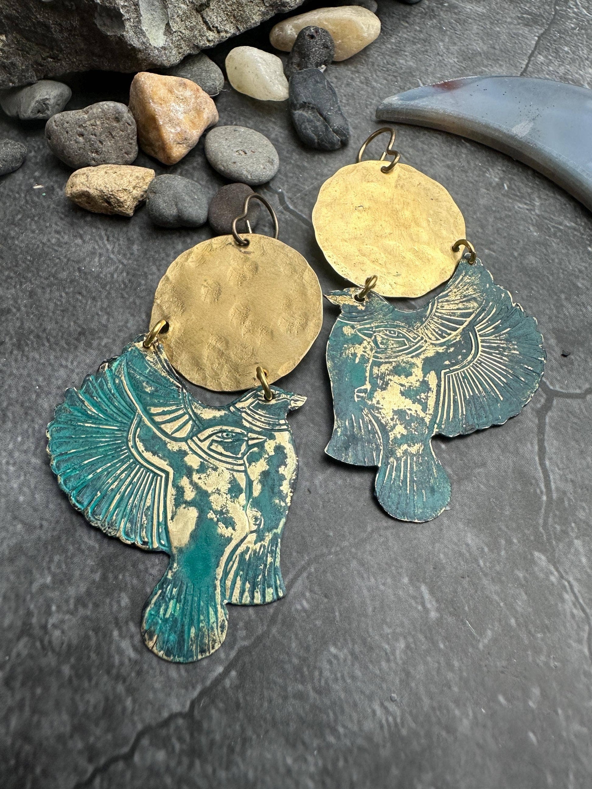 Sunset Raven Earrings- Handmade Beaten Solid Brass