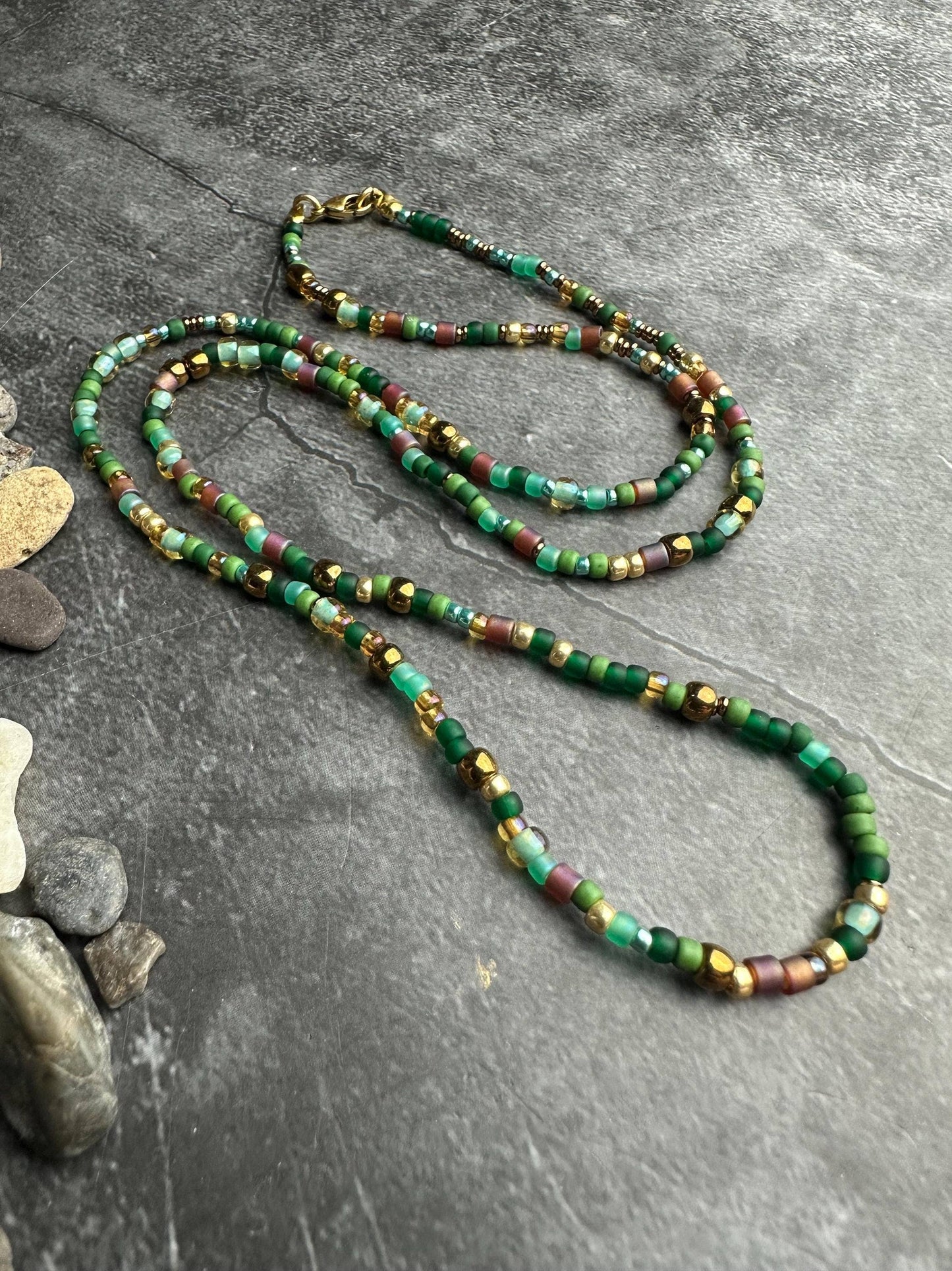 Seed Bead Necklace - Green Brown Layering Necklace