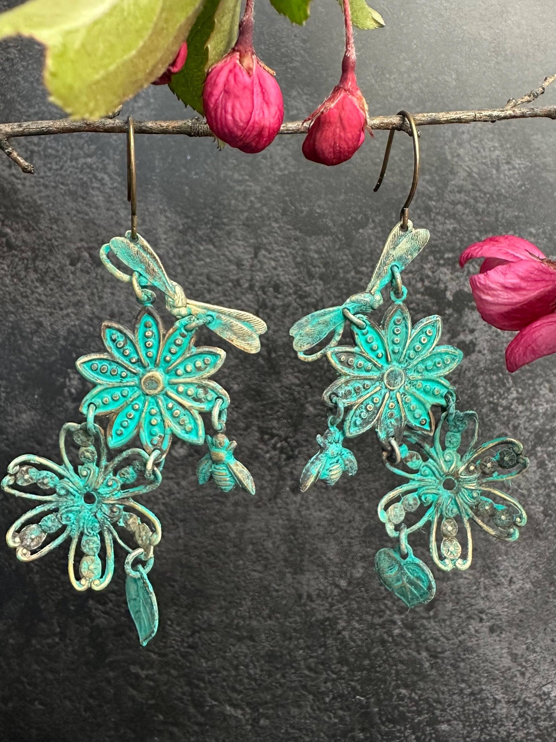 Patina Floral Insect Earrings