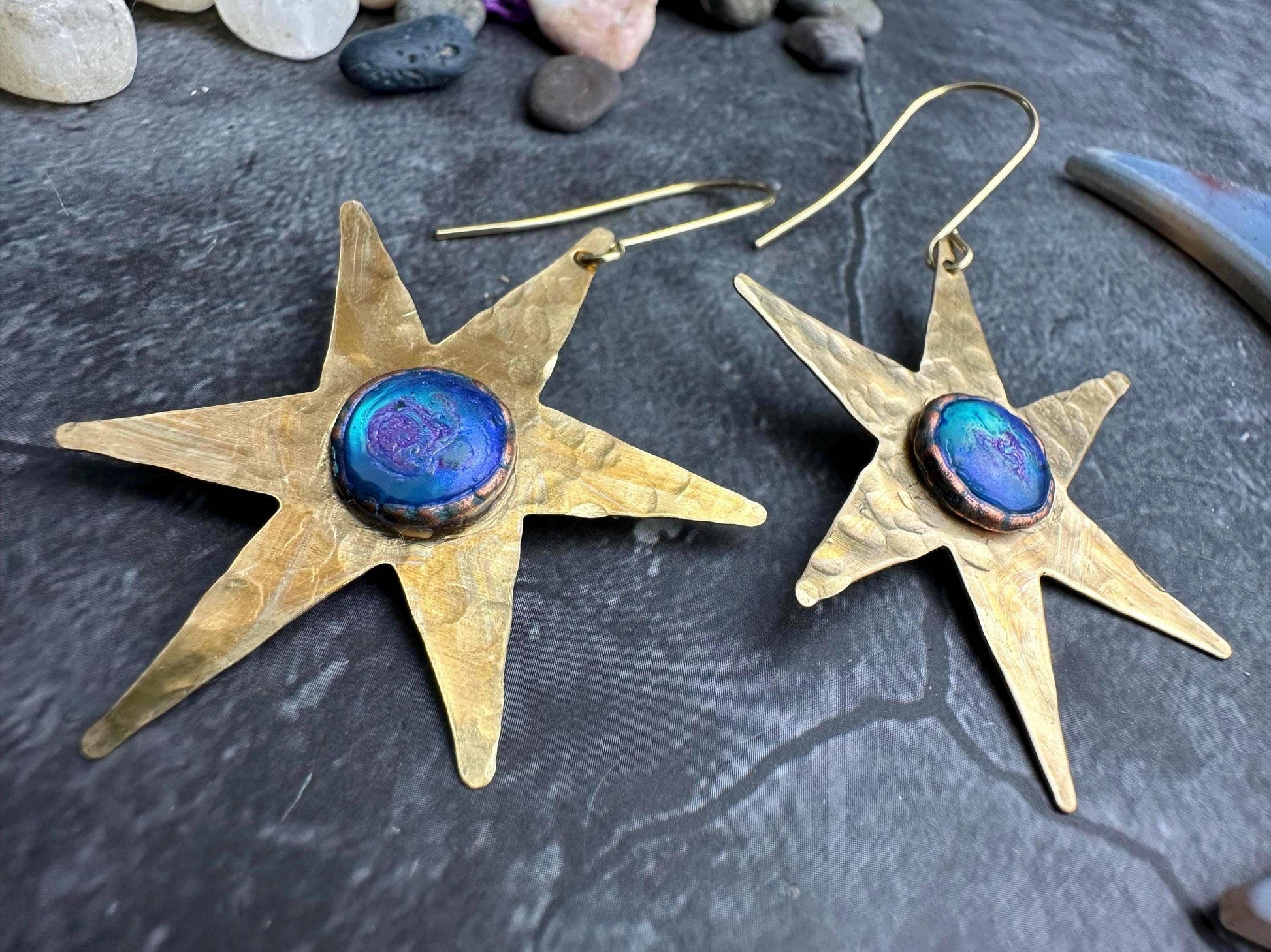 Celestial Star Earrings, Hammered Brass Dangle, Modern Cosmi