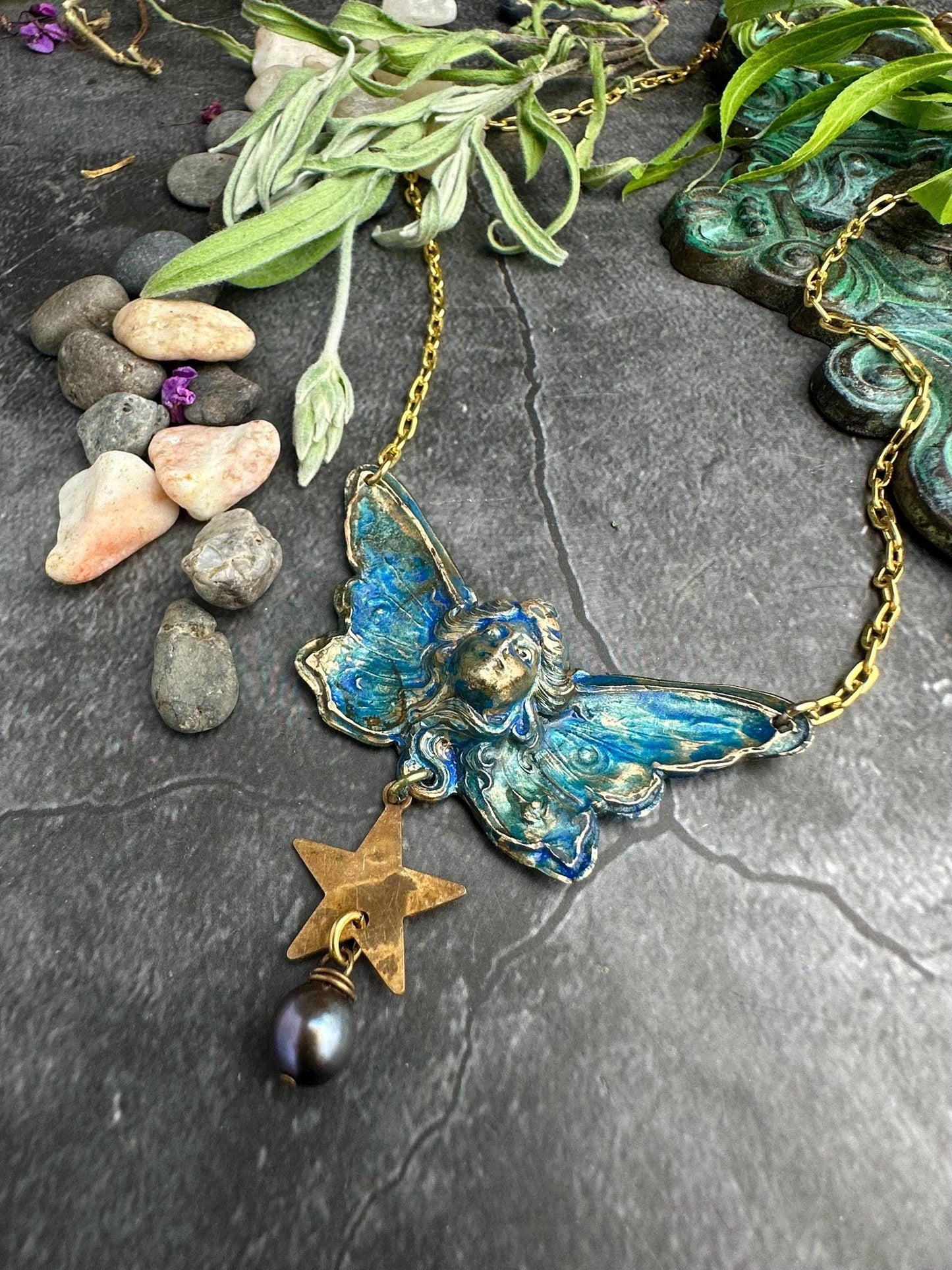 Butterfly Goddess Necklace, Art Nouveau Brass Patina Pendant