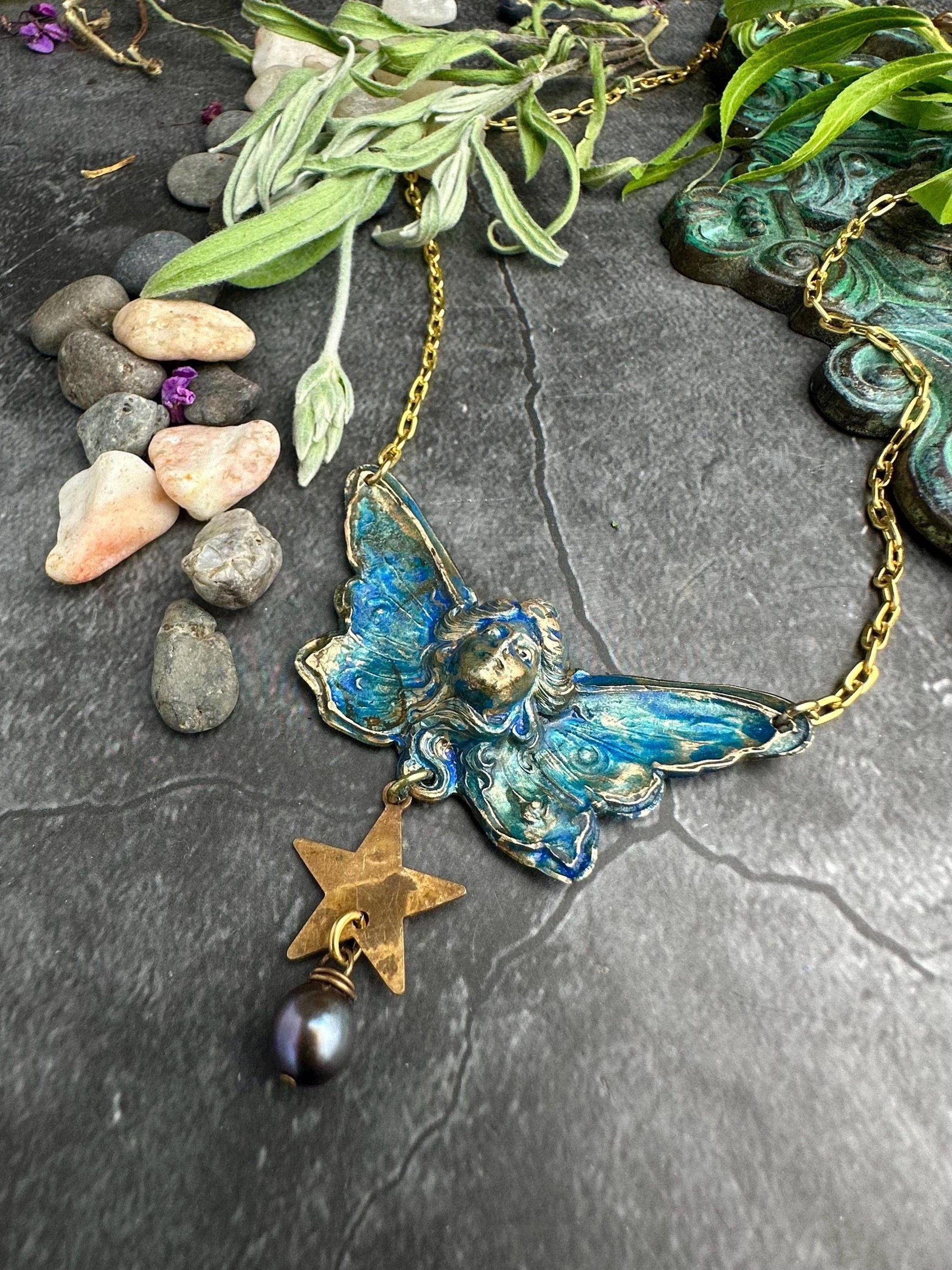 Butterfly Goddess Necklace, Art Nouveau Brass Patina Pendant