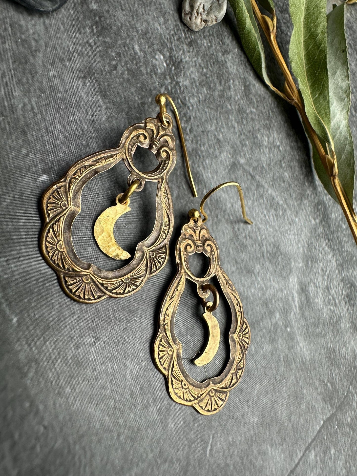 Ornate Brass Crescent Moon Garden Earrings
