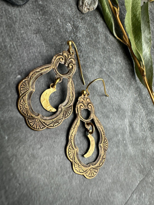 Ornate Brass Crescent Moon Garden Earrings