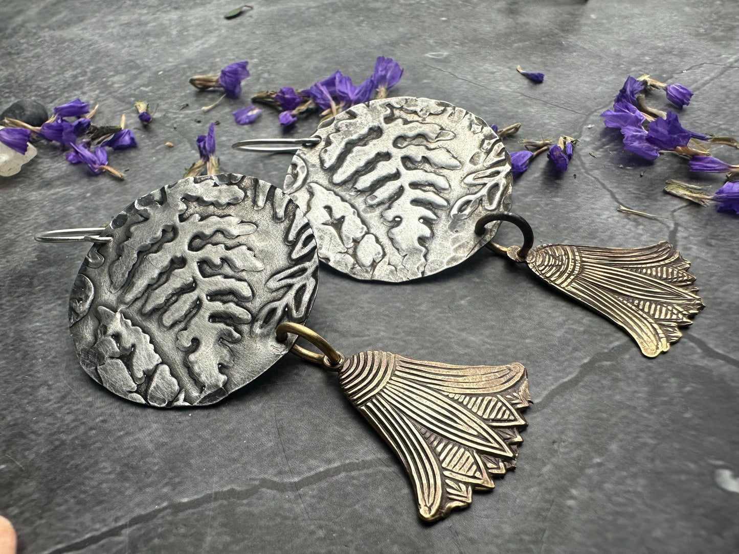 Embossed Fern Pewter Disc Earrings with Brass Drops
