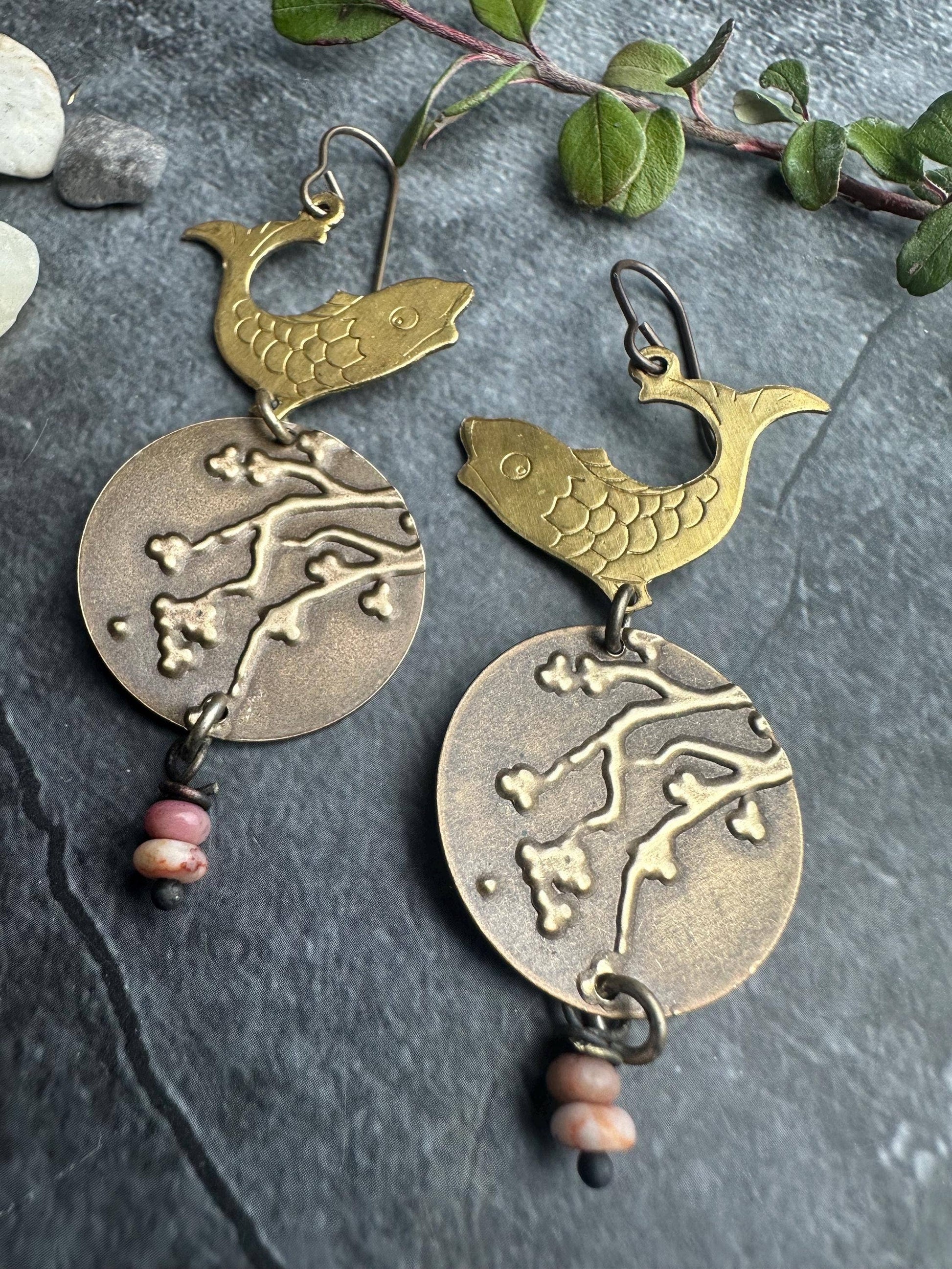Koi Fish Cherry Blossom Earrings with Strawberry Quartz