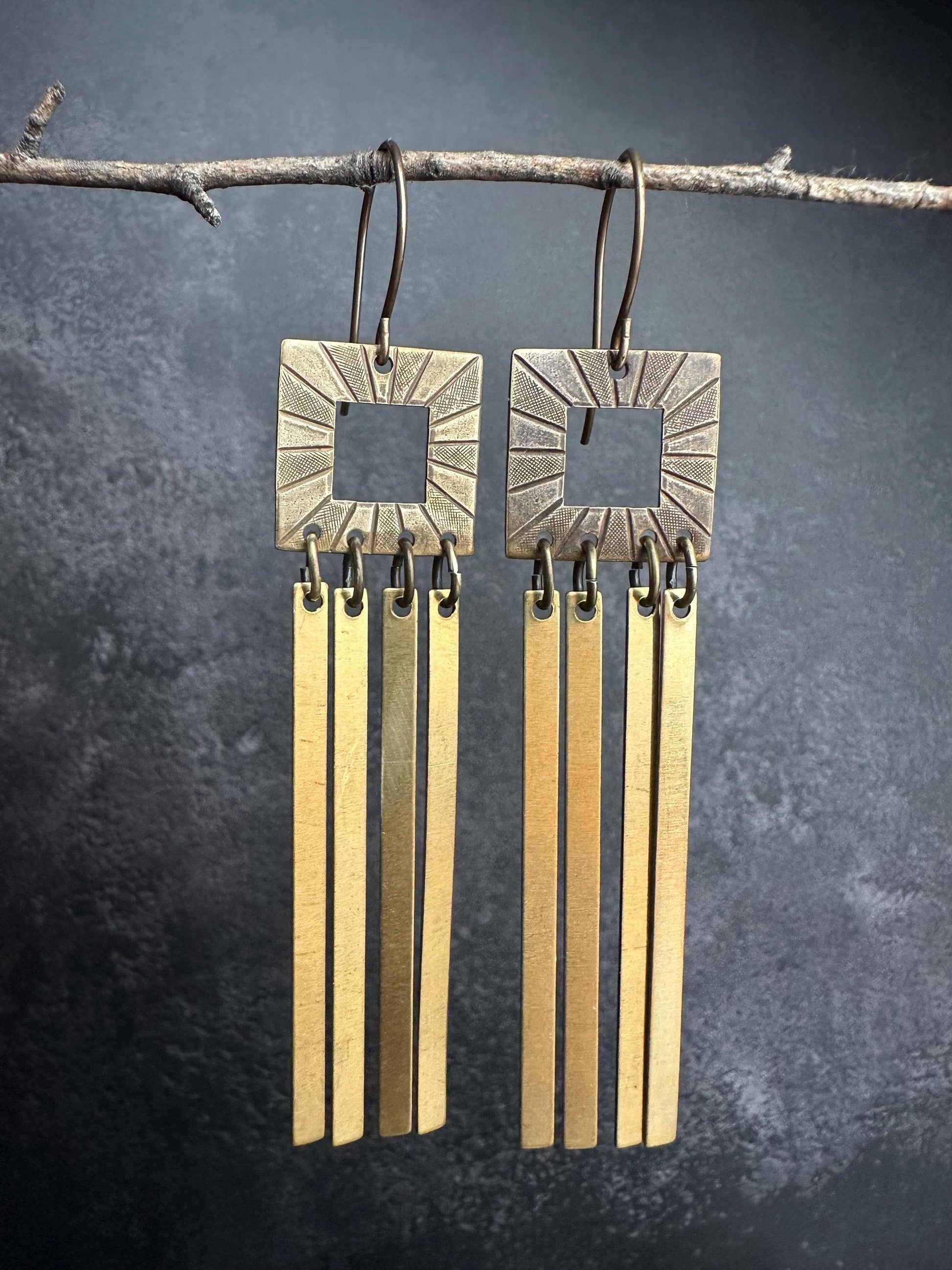 Radiant Square Geometric Fringe Earrings - Solid Brass