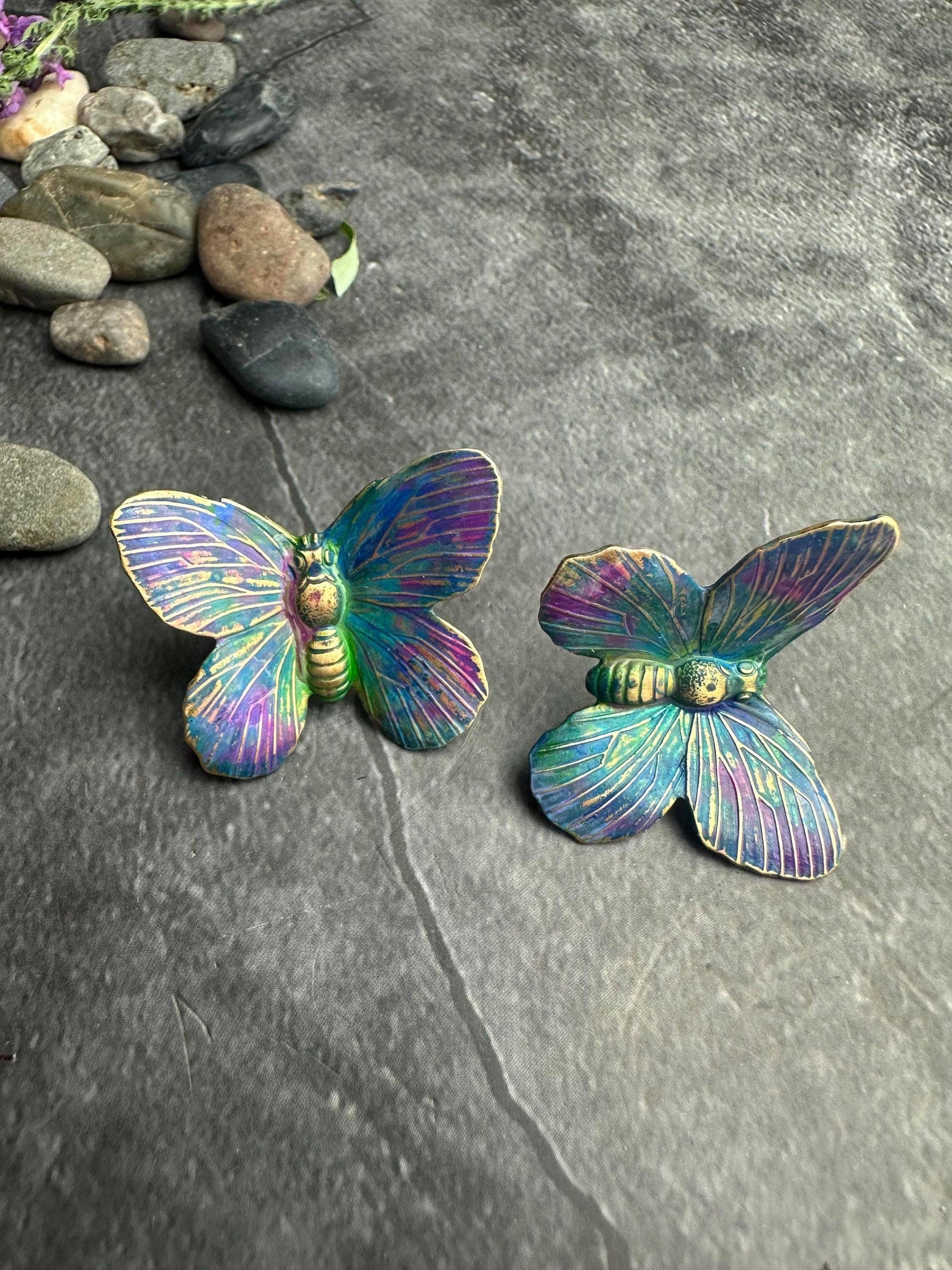 Iridescent Brass Large Butterfly Post Earrings, Color Shift
