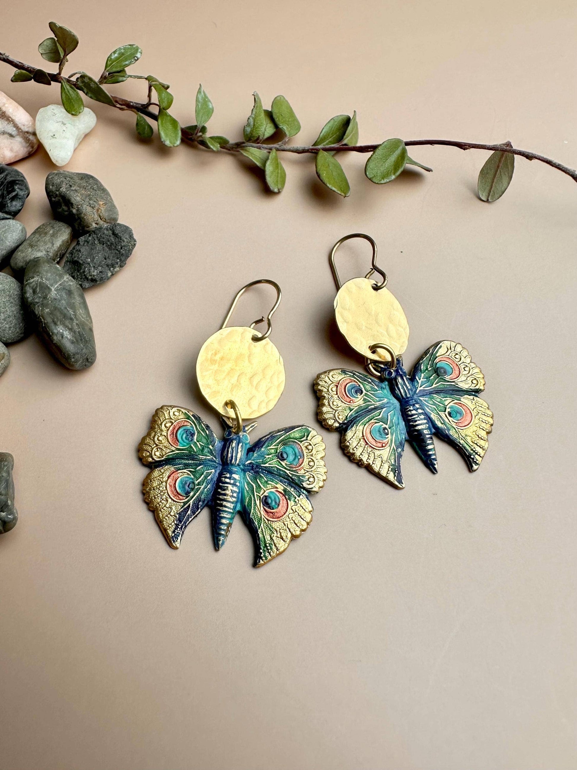 Peacock Butterfly Earrings - Hand Painted Brass Dangles