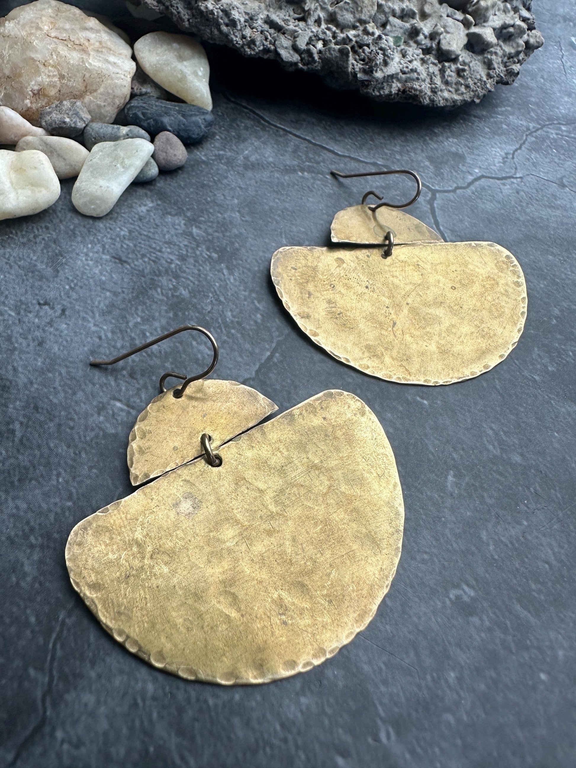 Geometric Half Disc - Handmade Solid Beaten Brass Earrings