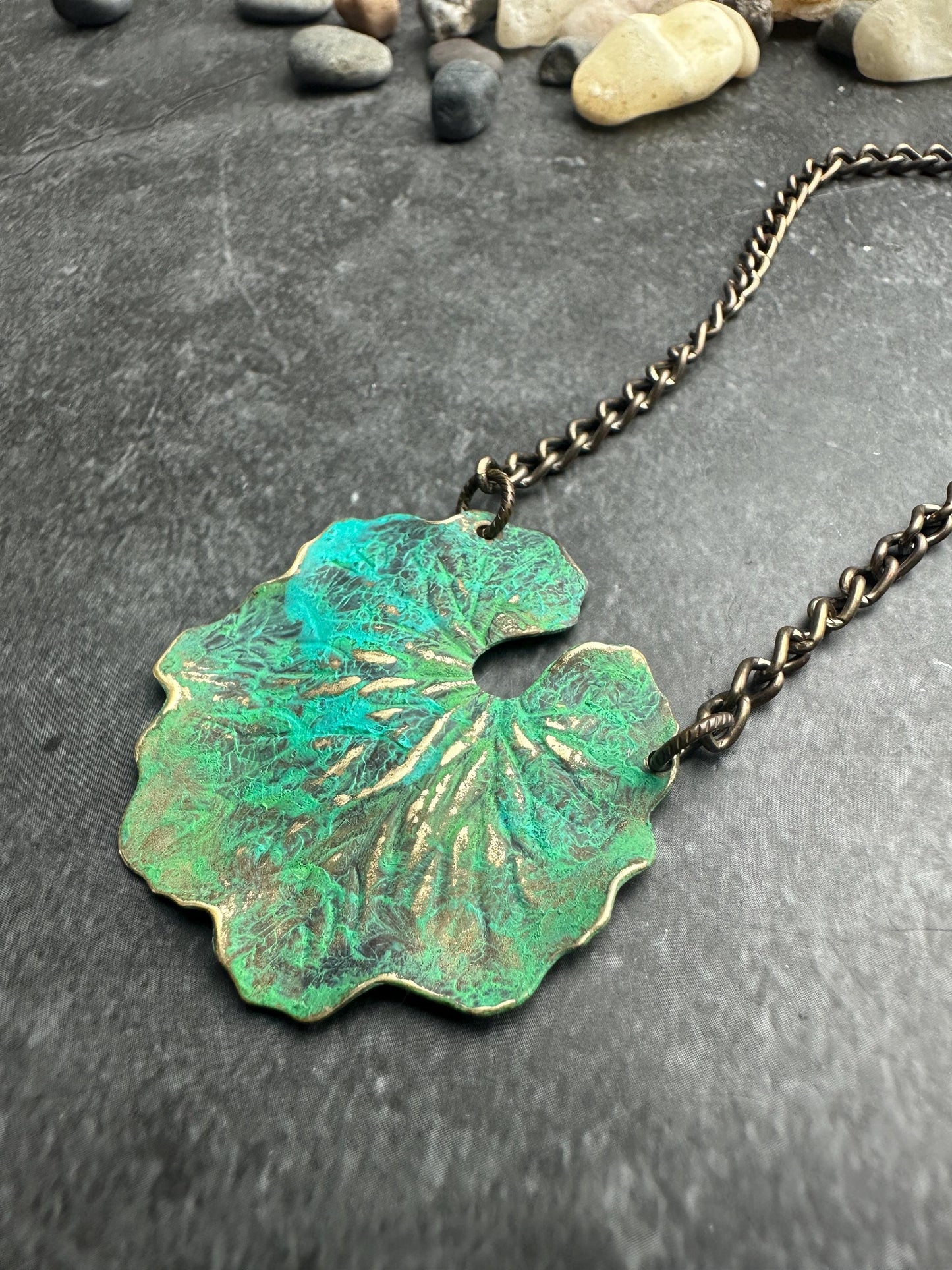 Handmade Vintage Tooled Brass Lily Pond Necklace - Green Hand Patina - custom length