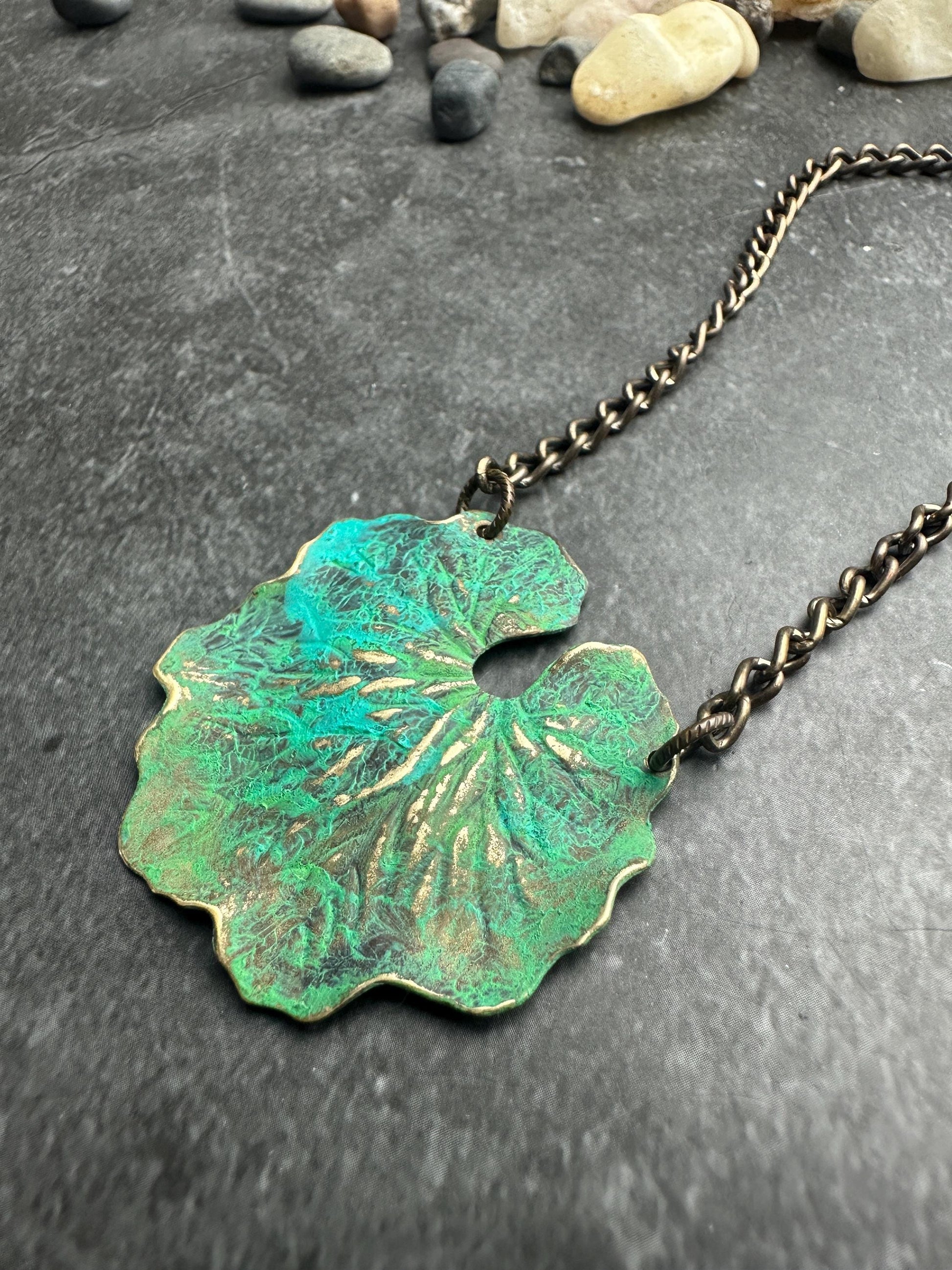 Handmade Vintage Tooled Brass Lily Pond Necklace - Green Hand Patina - custom length