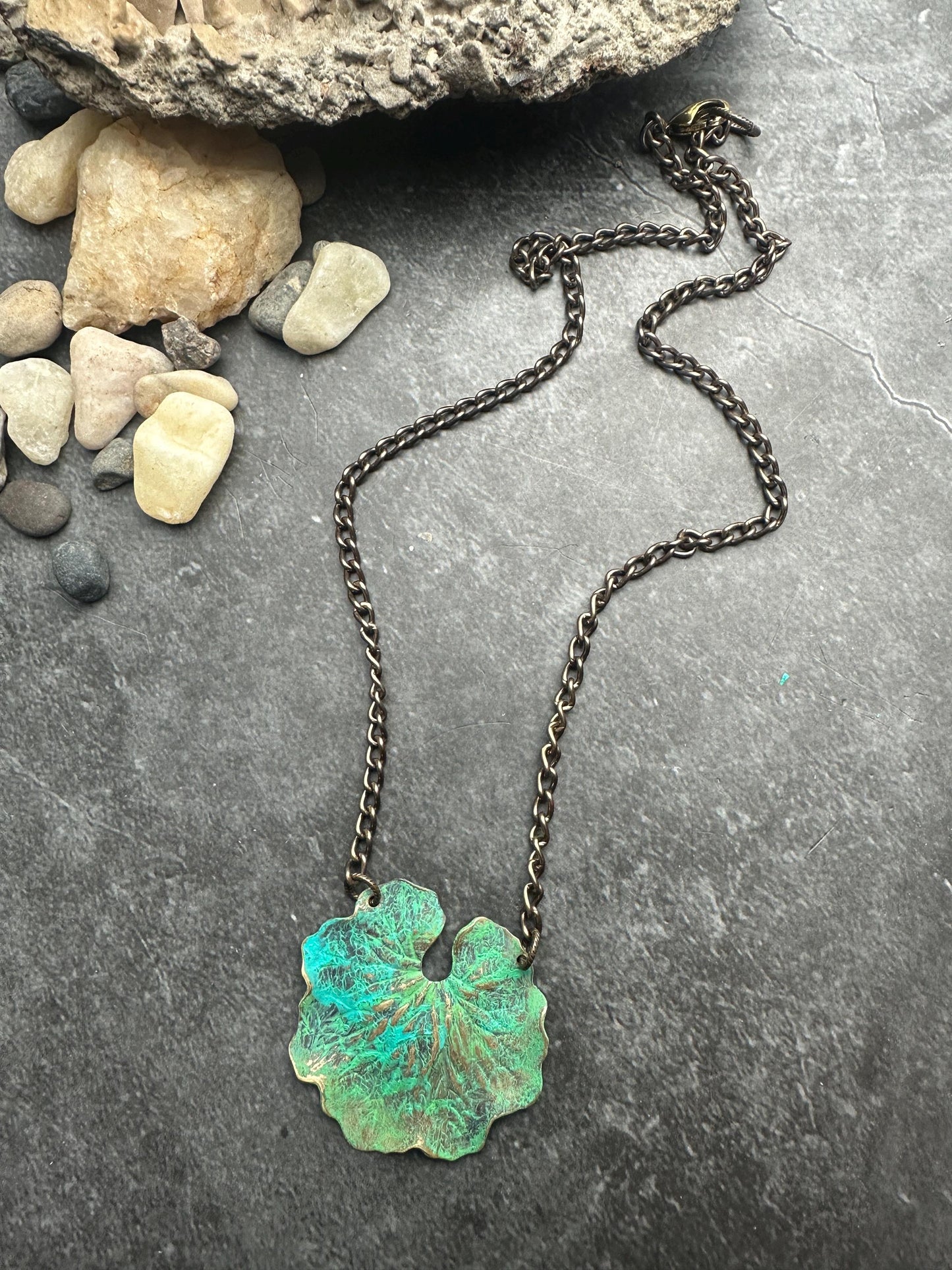 Handmade Vintage Tooled Brass Lily Pond Necklace - Green Hand Patina - custom length