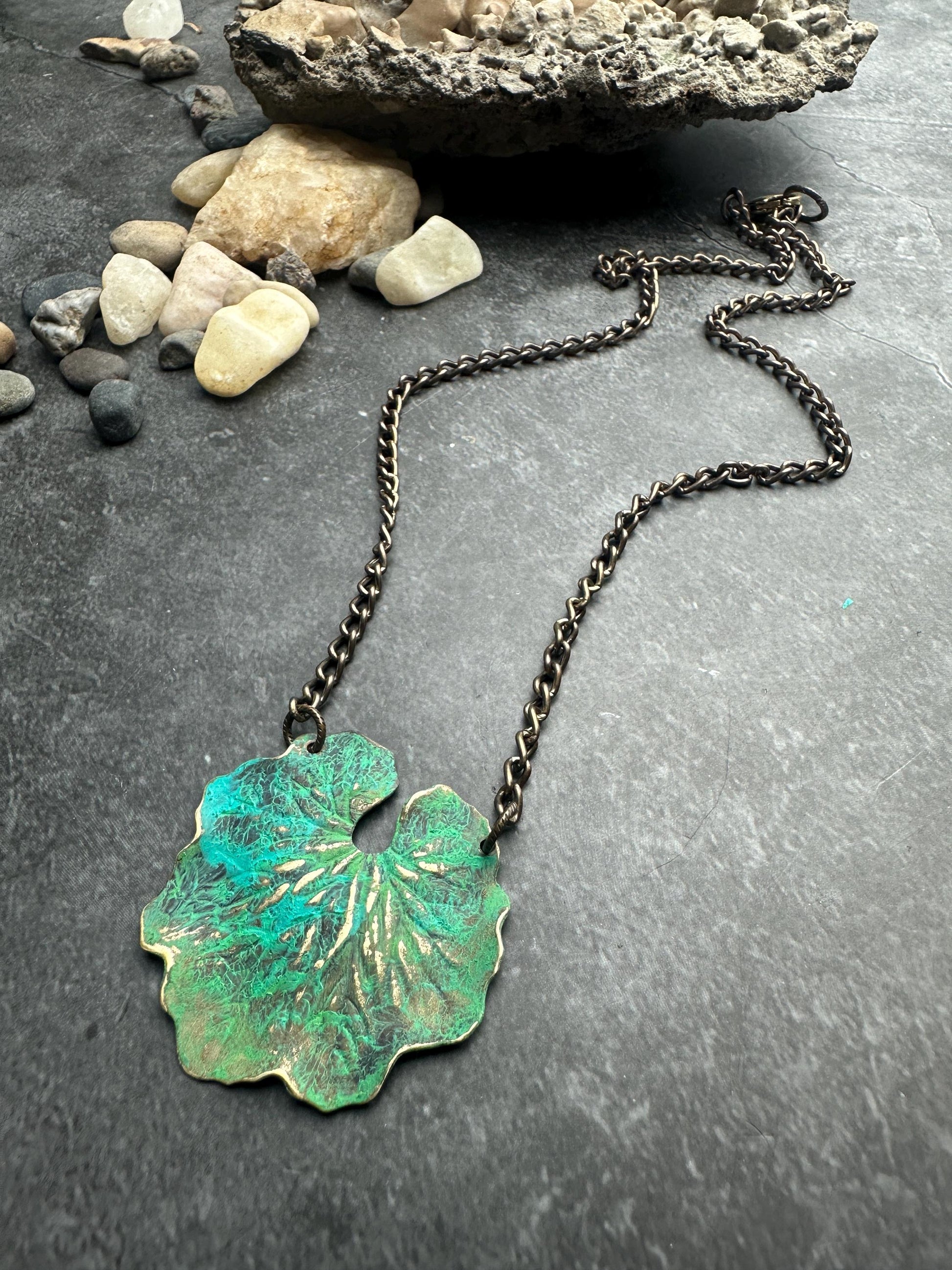 Handmade Vintage Tooled Brass Lily Pond Necklace - Green Hand Patina - custom length
