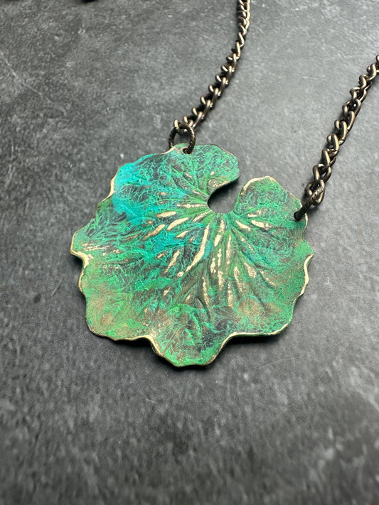Handmade Vintage Tooled Brass Lily Pond Necklace - Green Hand Patina - custom length