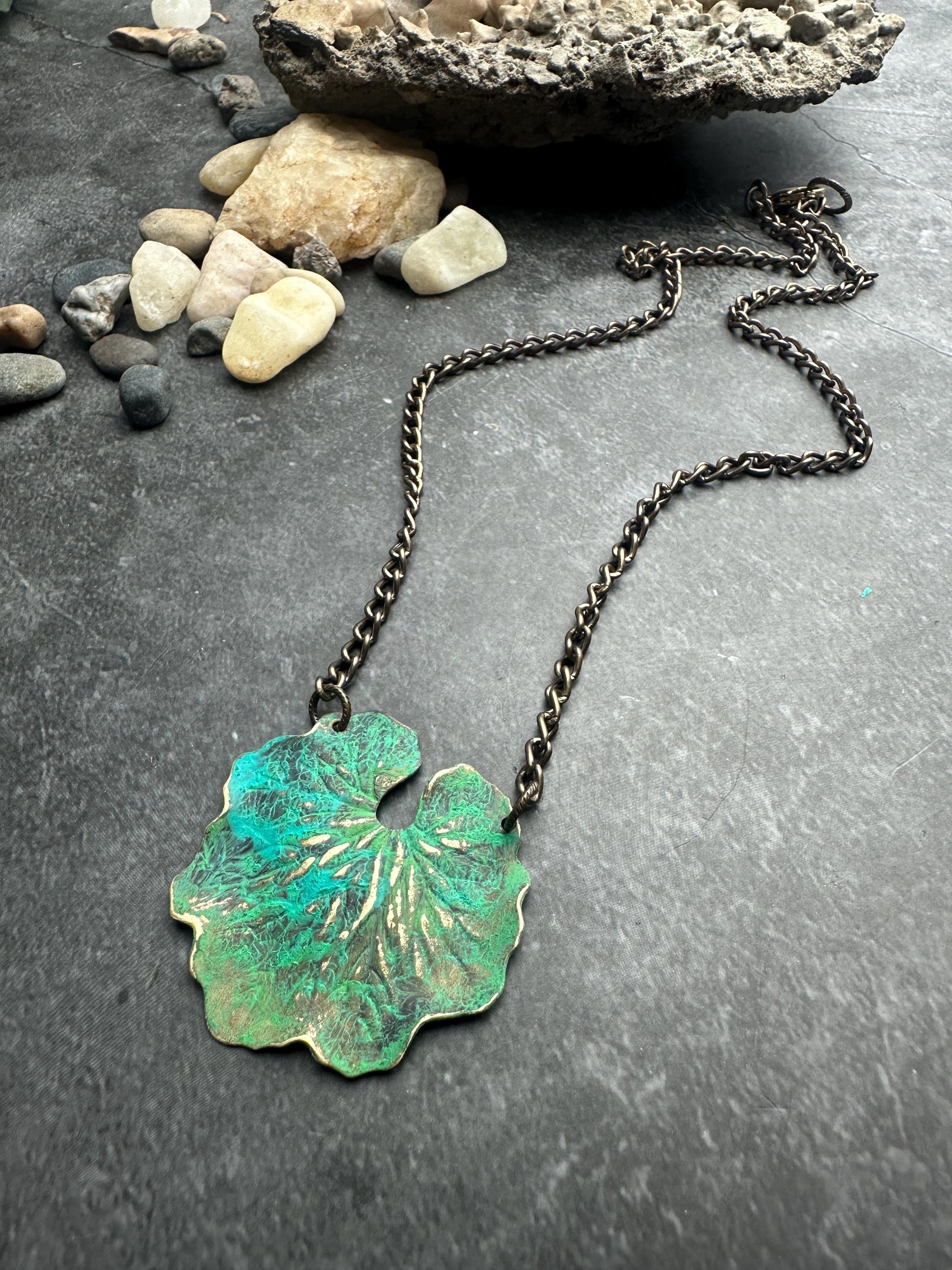 Handmade Vintage Tooled Brass Lily Pond Necklace - Green Hand Patina - custom length
