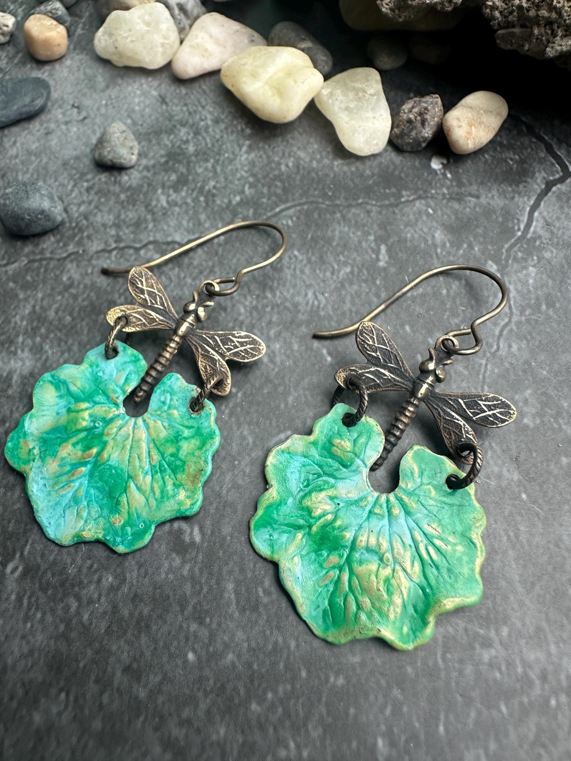 Dragonfly Garden Floral Statement Earrings- Handmade Green Patina Brass