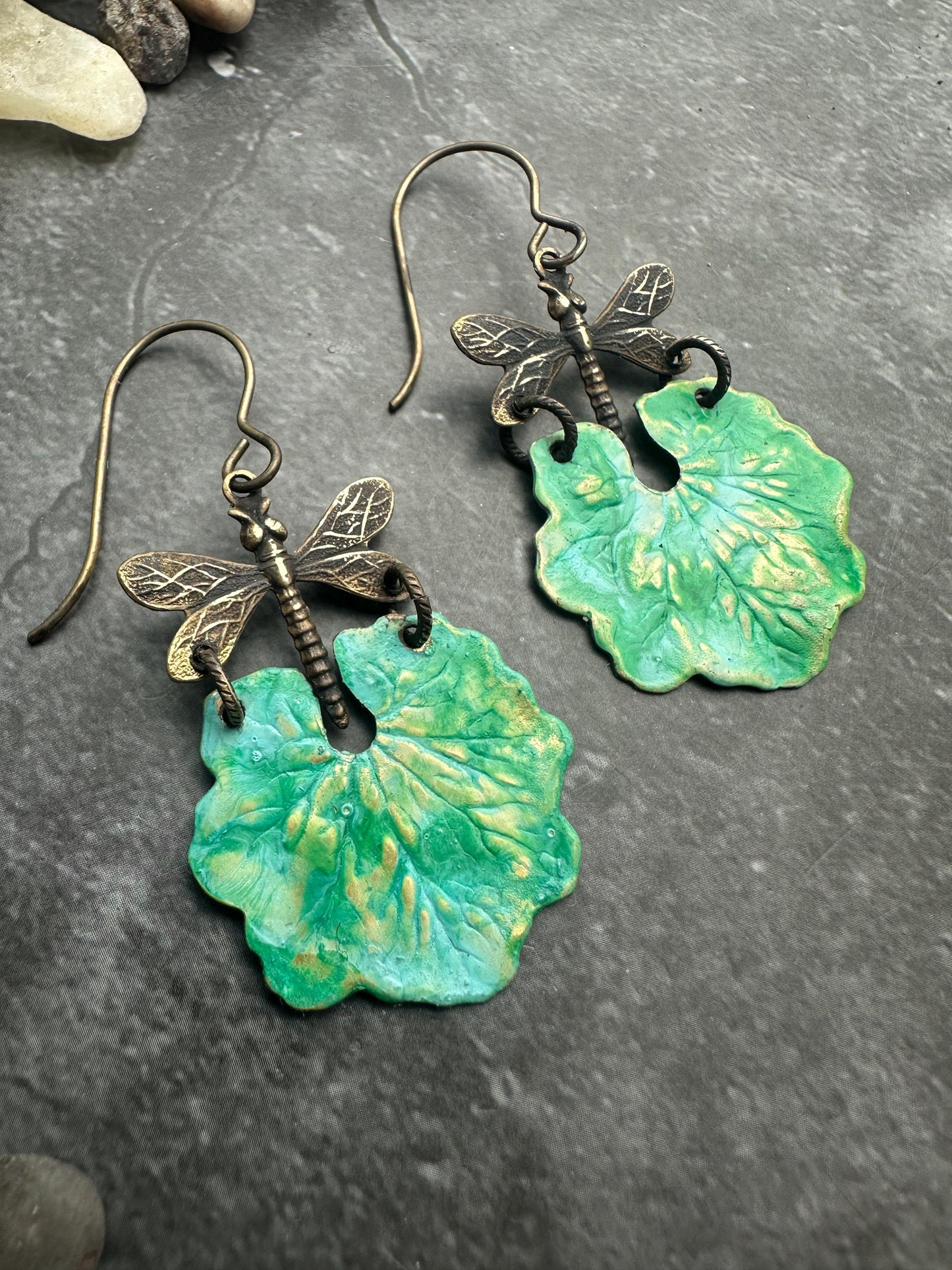 Dragonfly Garden Floral Statement Earrings- Handmade Green Patina Brass