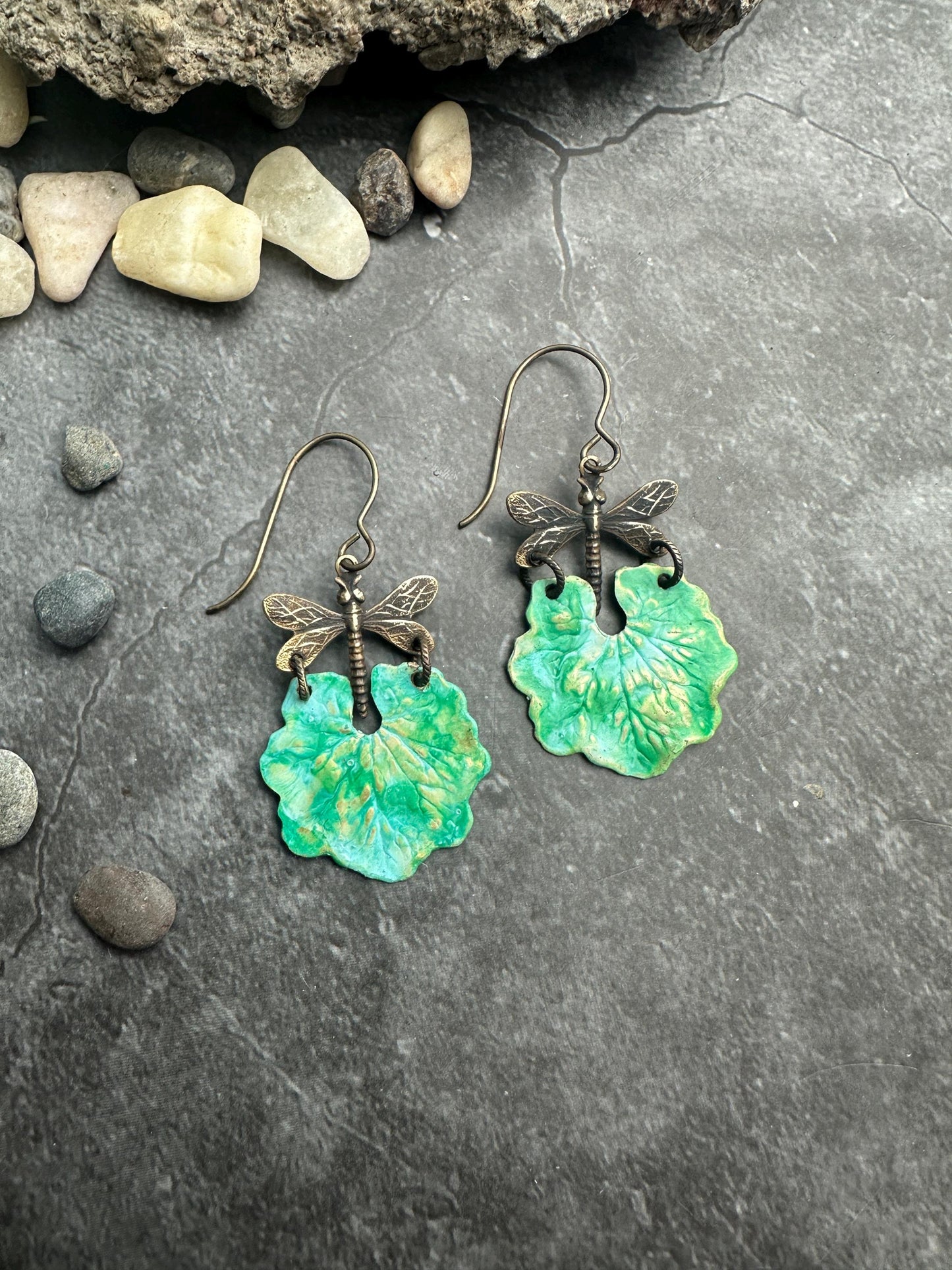 Dragonfly Garden Floral Statement Earrings- Handmade Green Patina Brass