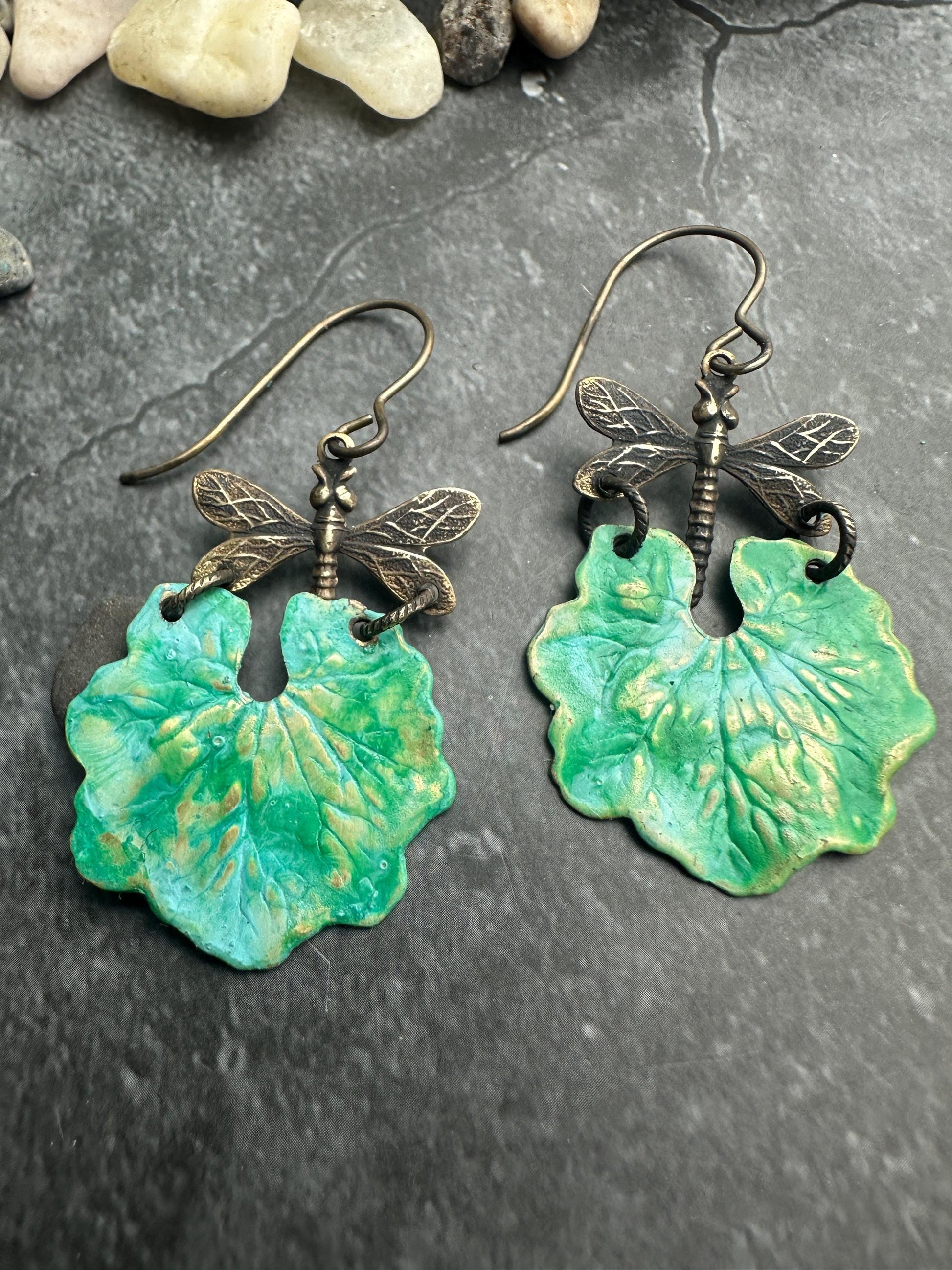 Dragonfly Garden Floral Statement Earrings- Handmade Green Patina Brass