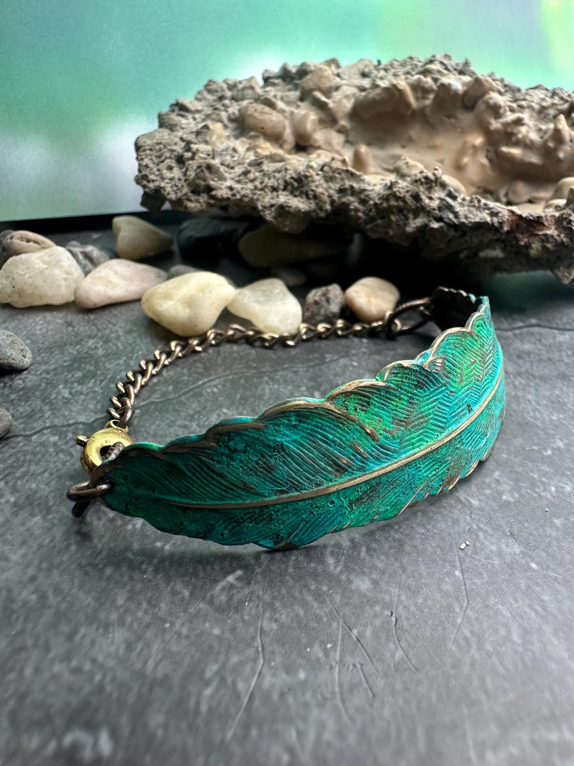 Green Feather Bracelet - Handmade Solid Brass & Hand Patina