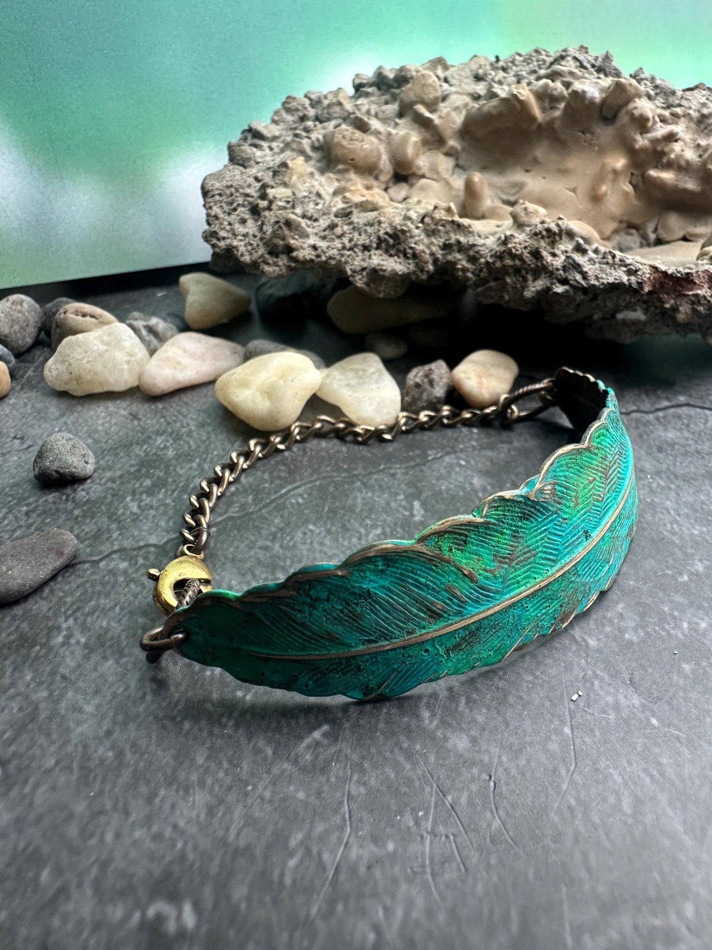 Green Feather Bracelet - Handmade Solid Brass & Hand Patina