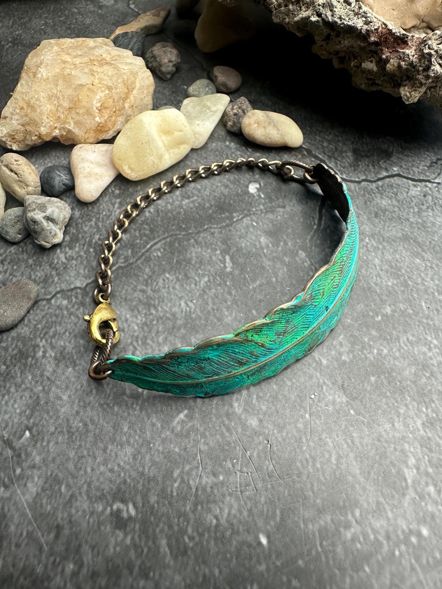 Green Feather Bracelet - Handmade Solid Brass & Hand Patina