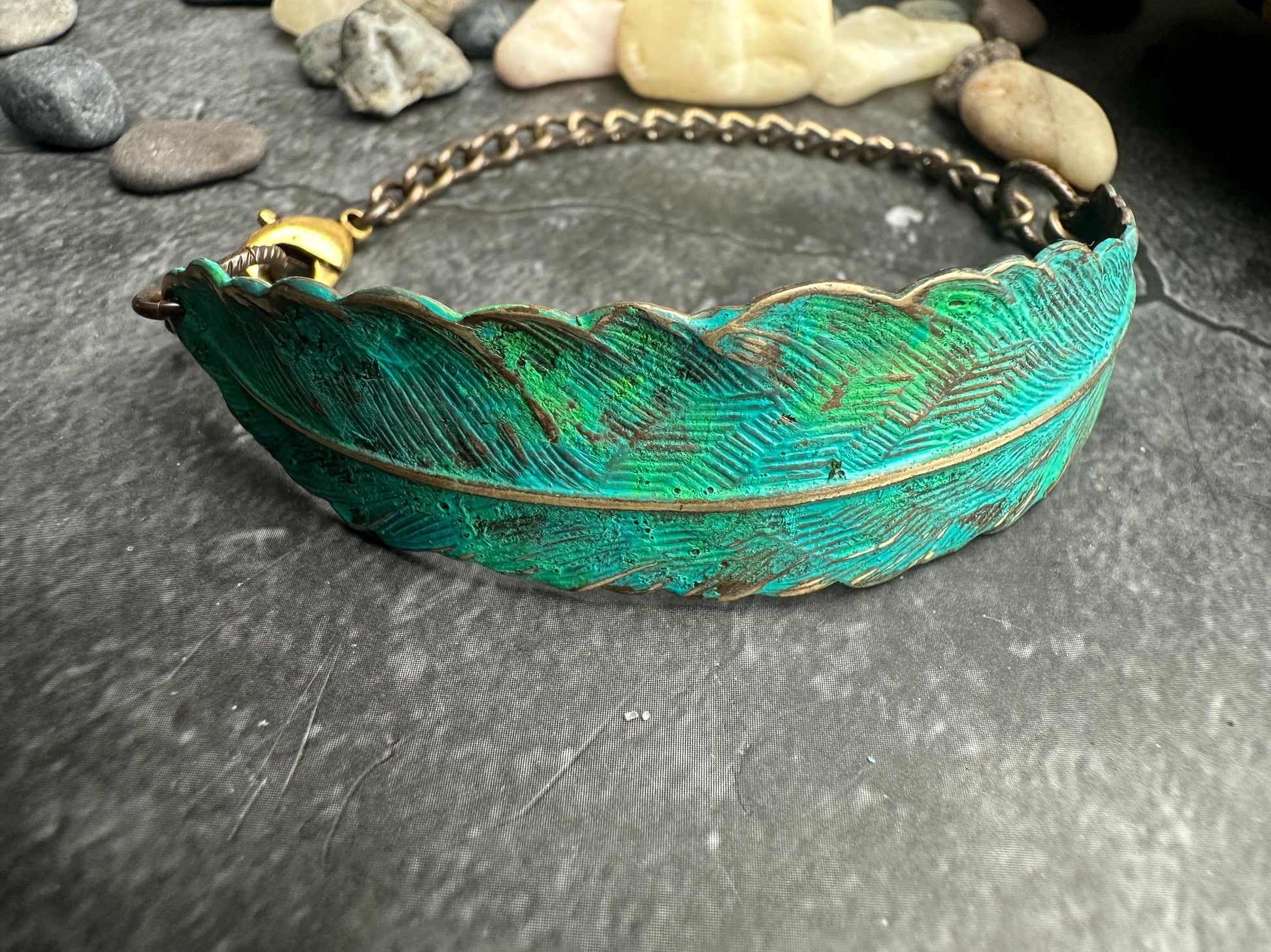 Green Feather Bracelet - Handmade Solid Brass & Hand Patina